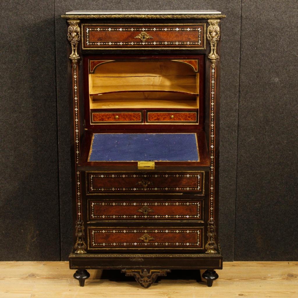 Ebonized 19th Century Inlaid Wood Marble Top French Secrétaire, 1880