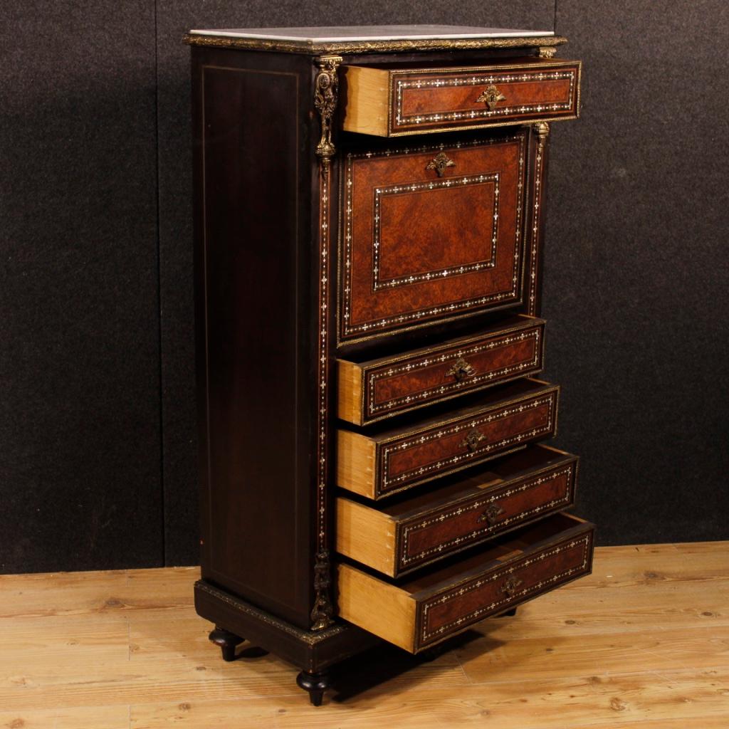 Bronze 19th Century Inlaid Wood Marble Top French Secrétaire, 1880