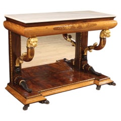 19th-Century Inlaid Wood Spanish Console Table with Marble Top, 1860