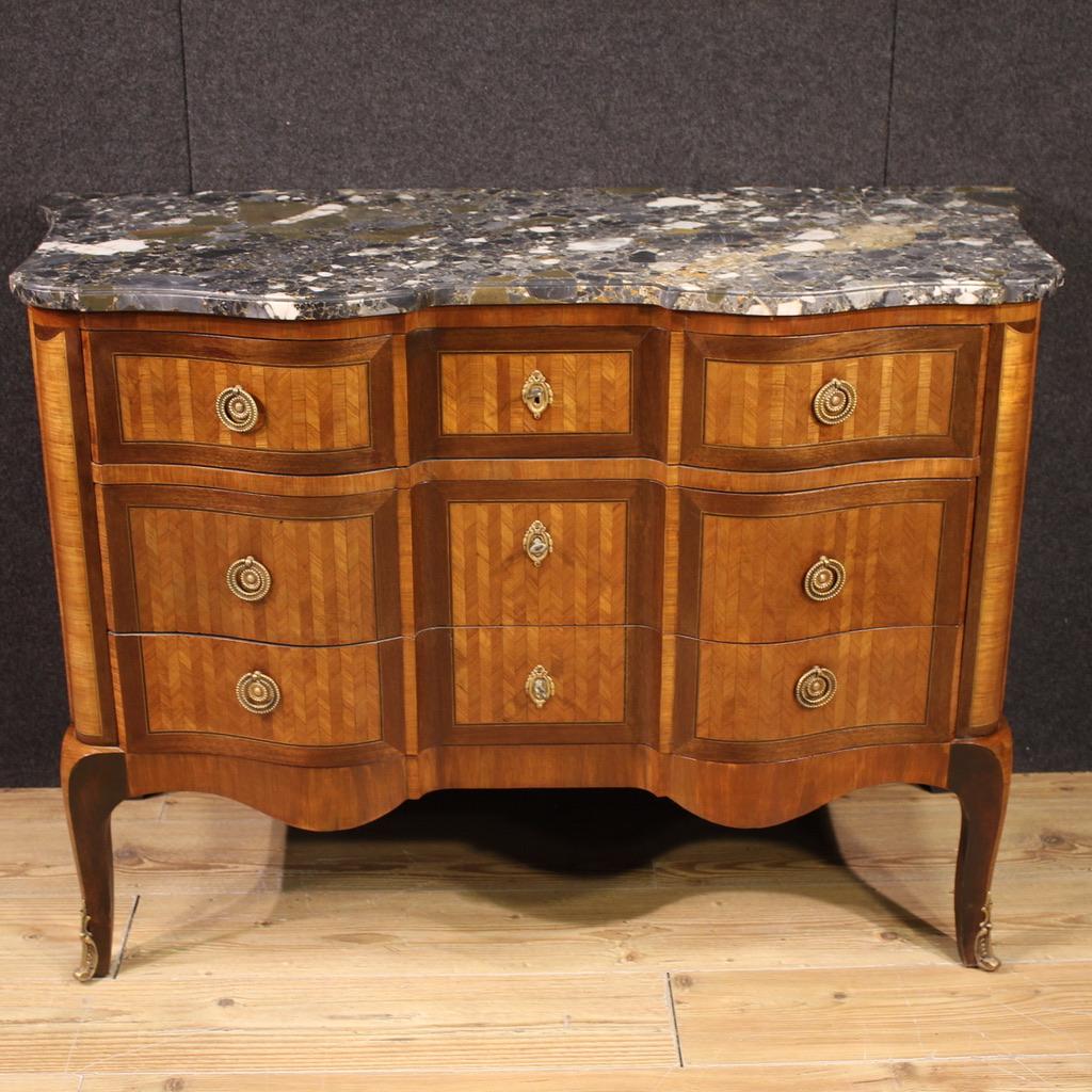 19th Century Inlaid Wood Marble Top Transition Style French Commode, 1870s In Good Condition For Sale In Vicoforte, Piedmont