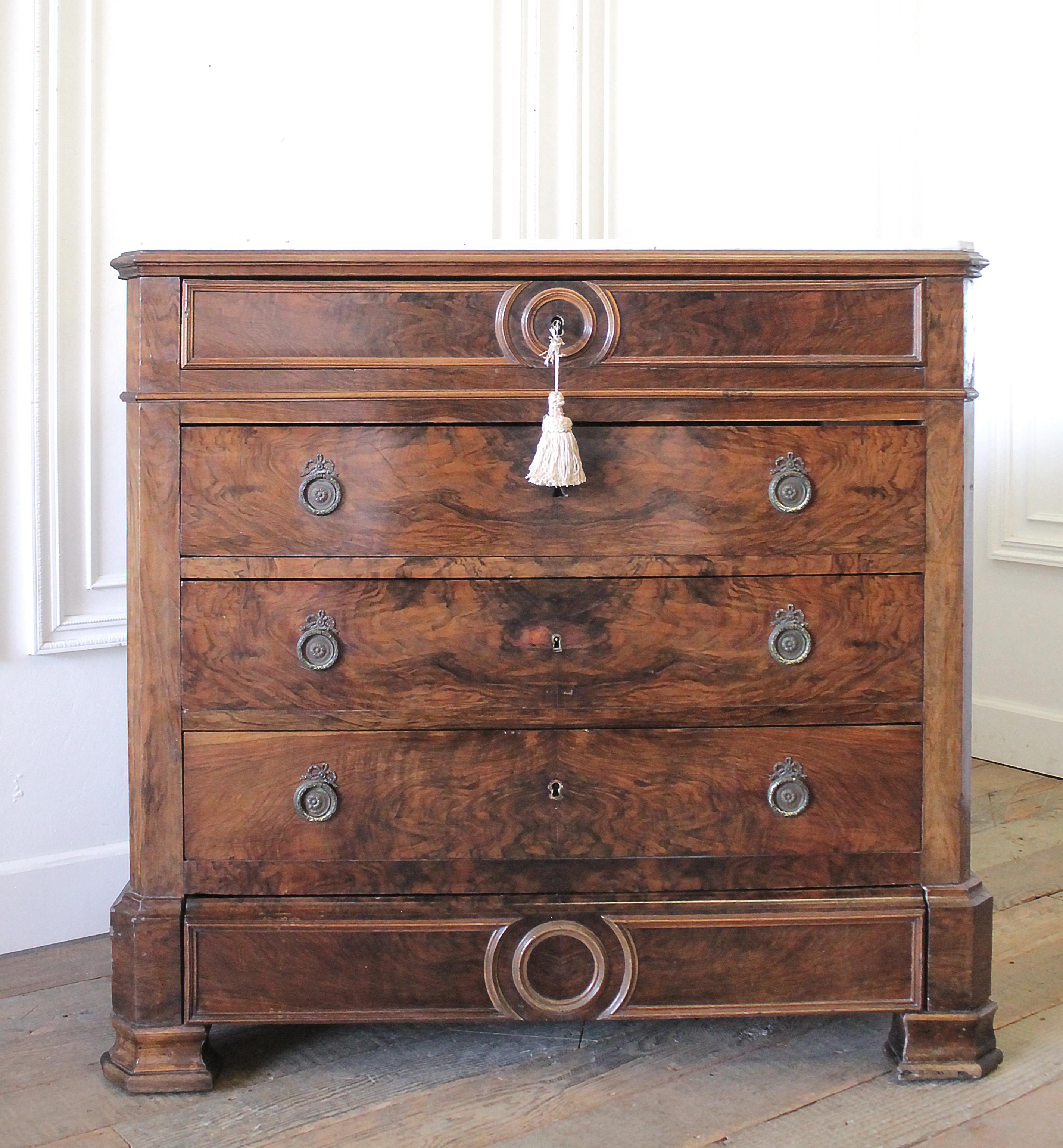 European 19th Century Inlay Empire Style Chest of Drawers with Marble Top