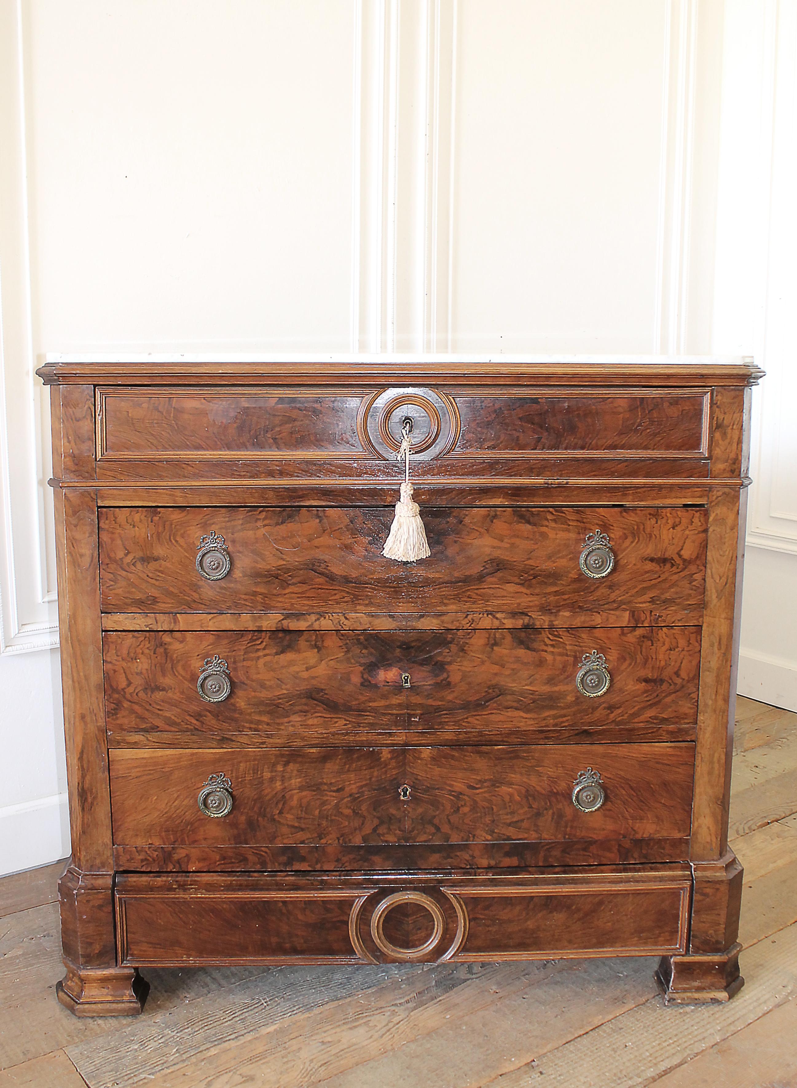 19th Century Inlay Empire Style Chest of Drawers with Marble Top In Good Condition In Brea, CA
