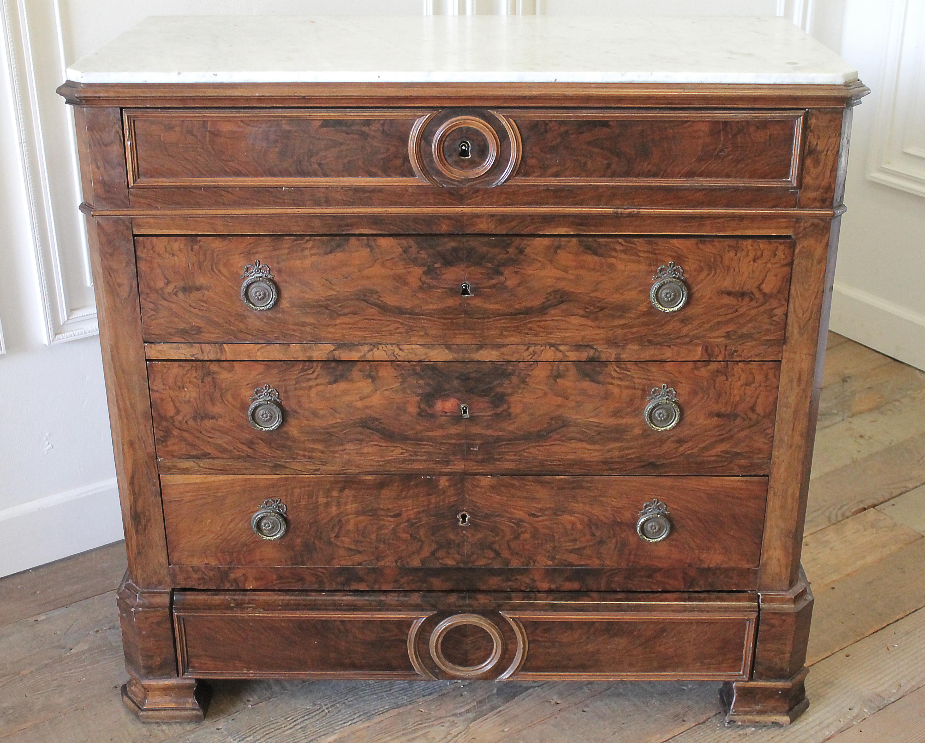 20th Century 19th Century Inlay Empire Style Chest of Drawers with Marble Top