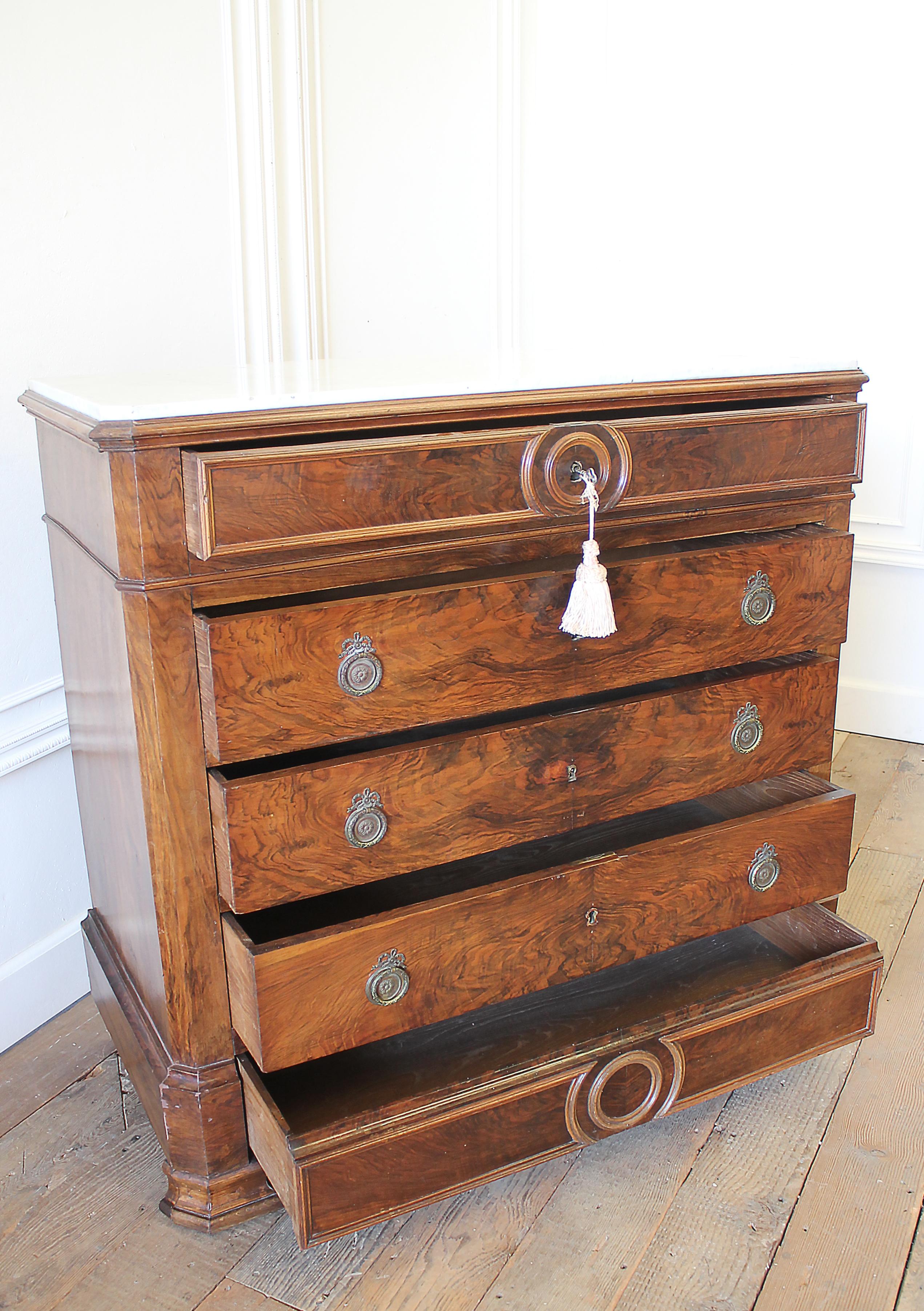 19th Century Inlay Empire Style Chest of Drawers with Marble Top 1