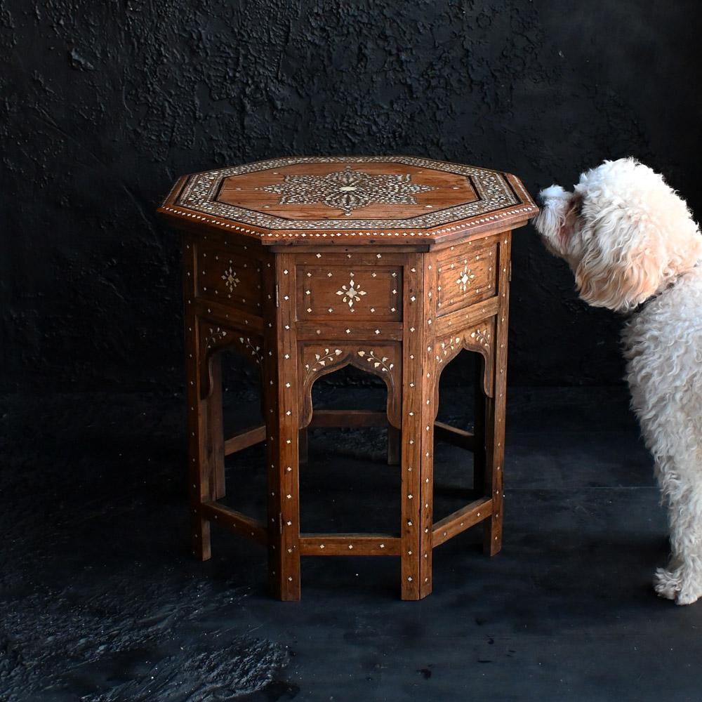 19th century inlayed Hoshiarpur occasional folding side table 

A highly decorative 19th Century hand crafted Indian inlay Hoshiarpur occasional folding side table. With natural age, wear and tear as you may expect from an authentic object such as