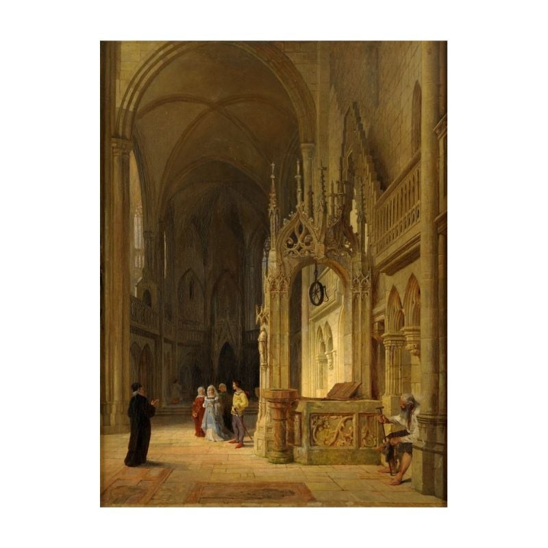 Nineteenth century Interior of gothic cathedral

Measures: Oil on canvas, 82 x 62 cm

The analyzed canvas portrays the interior of a Gothic church, probably existing, taken with a central perspective that gives a good idea of ??the depth of the