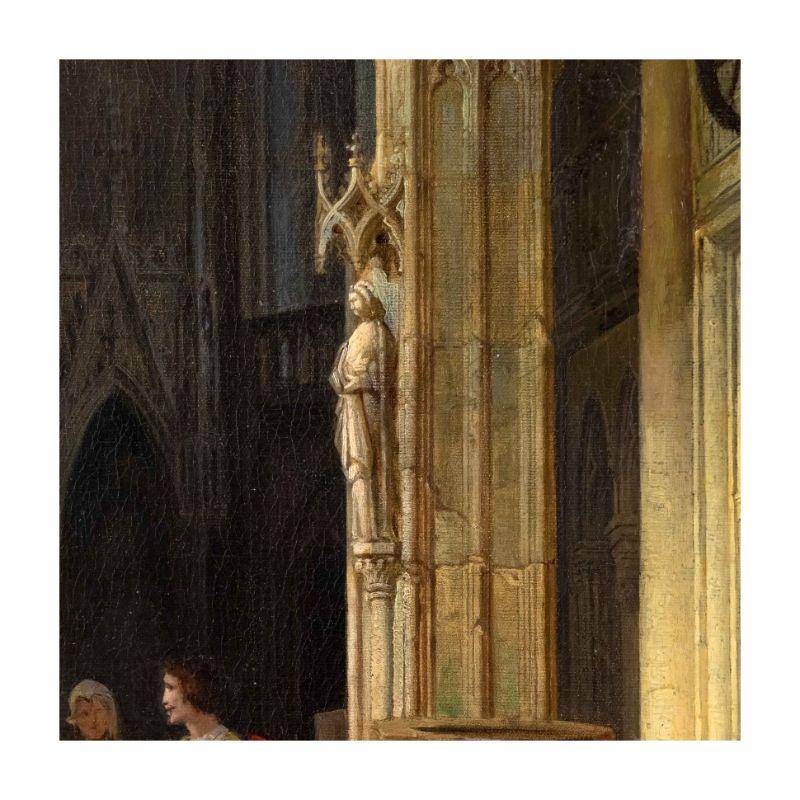 Oiled 19th Century Interior of Gothic Cathedral Painting Oil on Canvas
