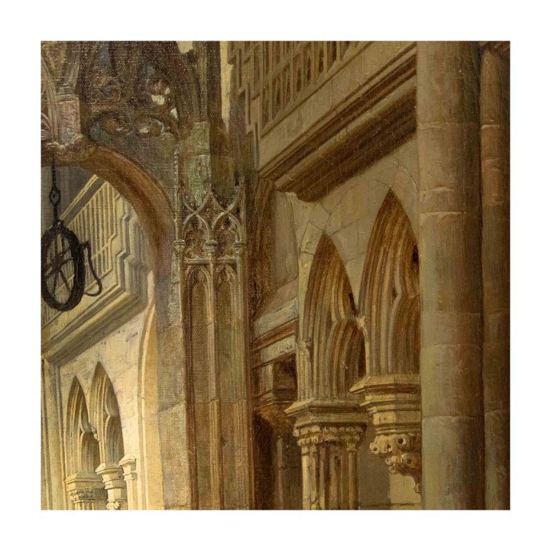 19th Century Interior of Gothic Cathedral Painting Oil on Canvas In Excellent Condition In Milan, IT