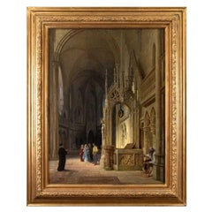 19th Century Interior of Gothic Cathedral Painting Oil on Canvas