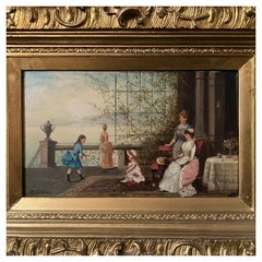 19th Century Interior Scene with Children on a Balcony, Oil on Panel