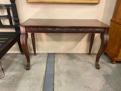 19th Century Irish Carved Mahogany Console with Oak Leaves and Paw Feet