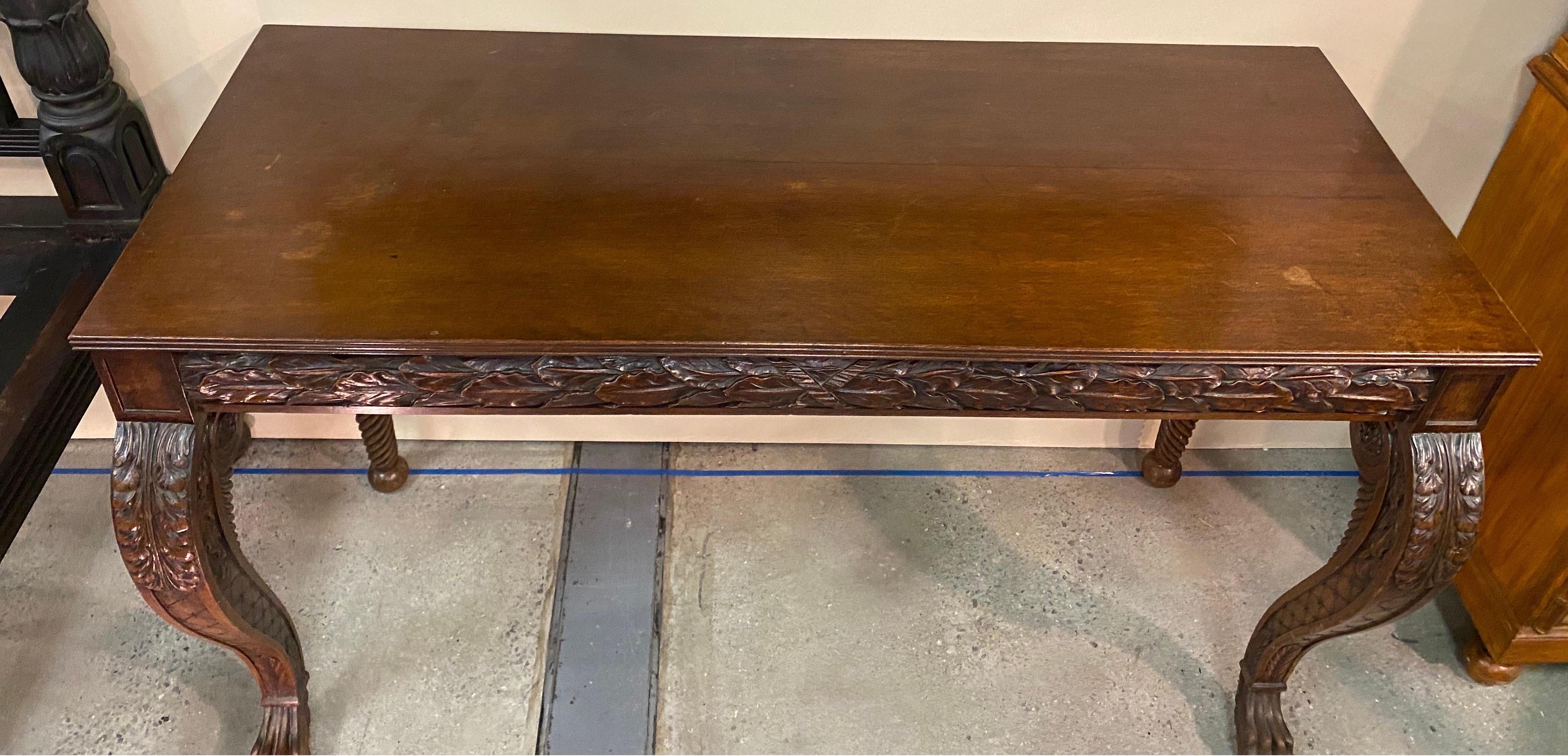 19th Century Irish Carved Mahogany Console with Oak Leaves and Paw Feet 2