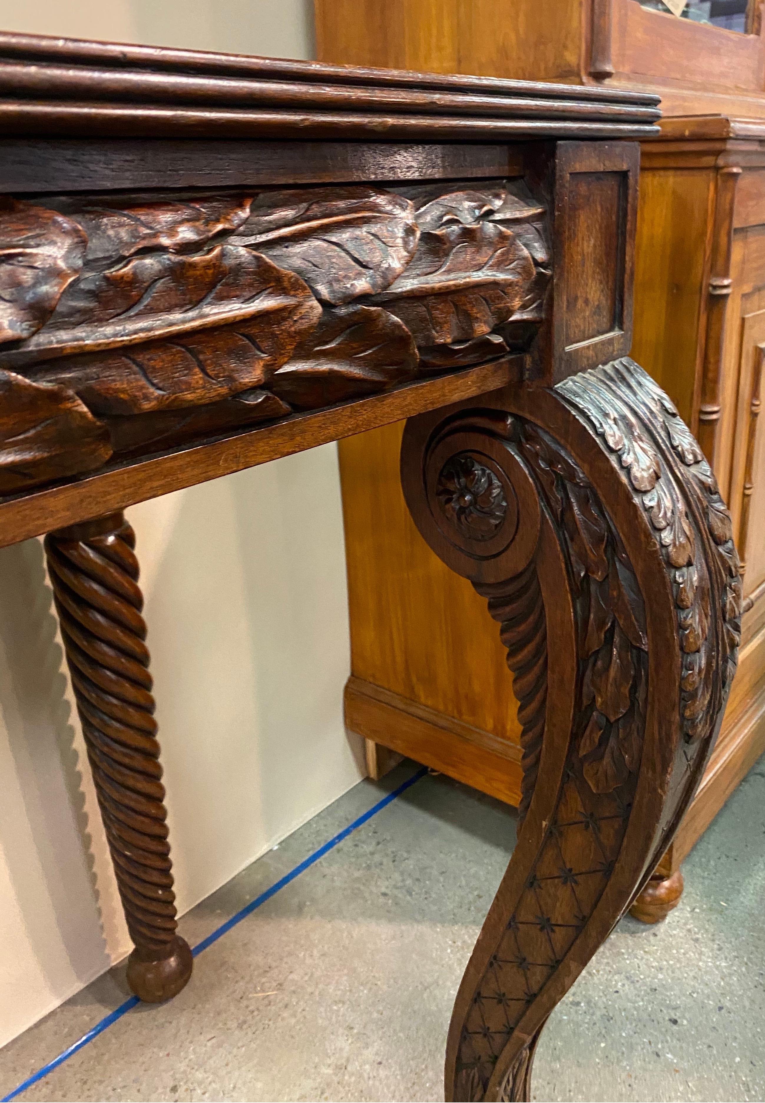19th Century Irish Carved Mahogany Console with Oak Leaves and Paw Feet 3
