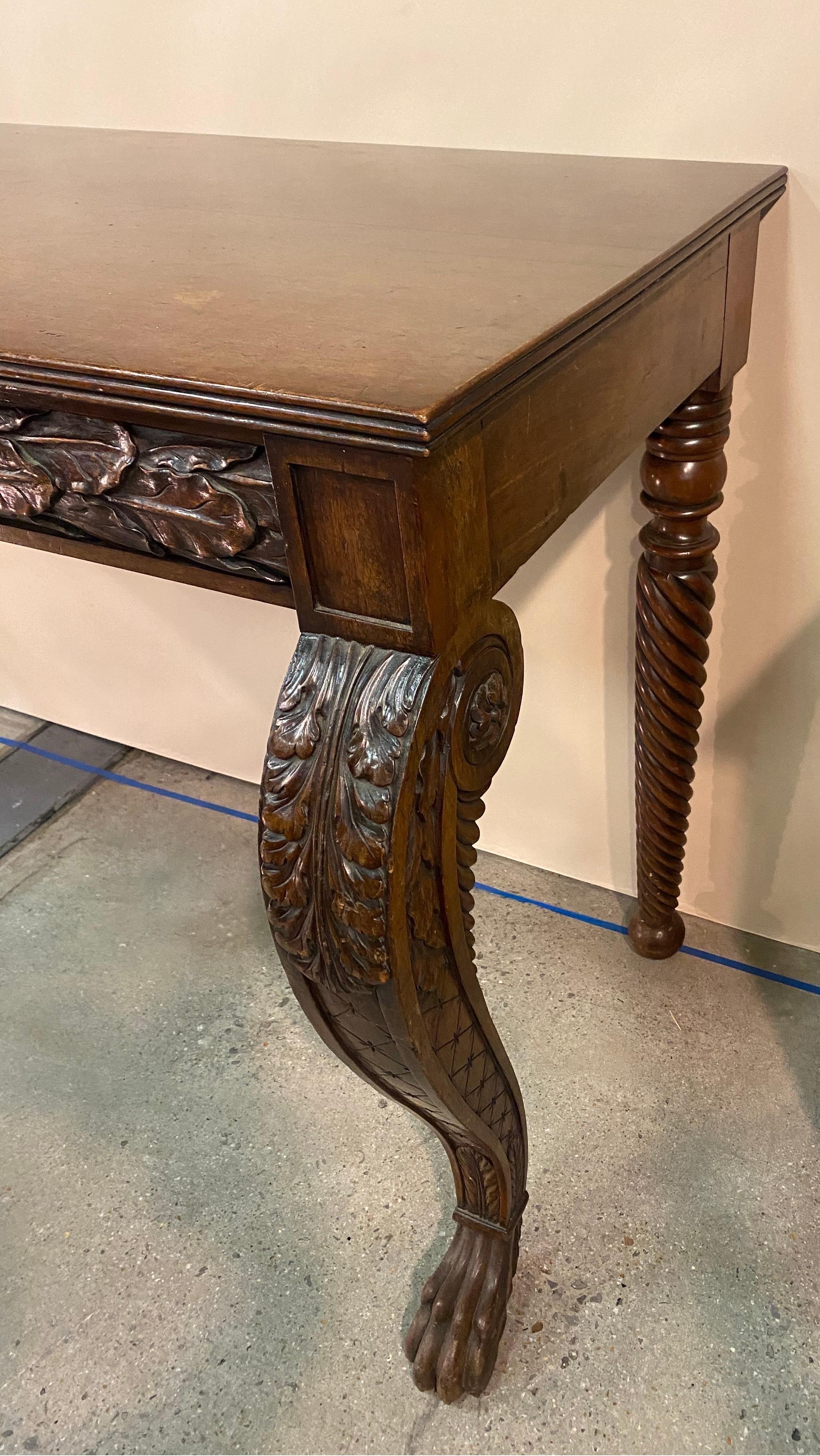 19th Century Irish Carved Mahogany Console with Oak Leaves and Paw Feet 5