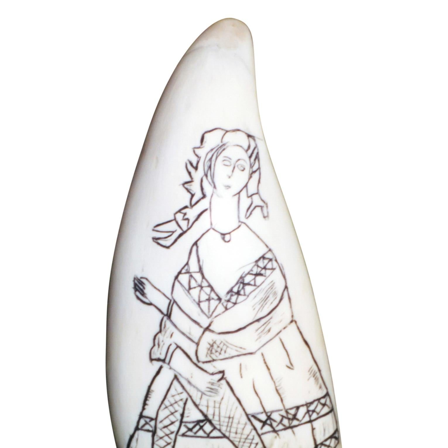 Irish Folk Art. This sperm whale tooth was etched during the 19th century, in Ireland. There'sa a drinking sailor on one side, and a barmaid on the other - 