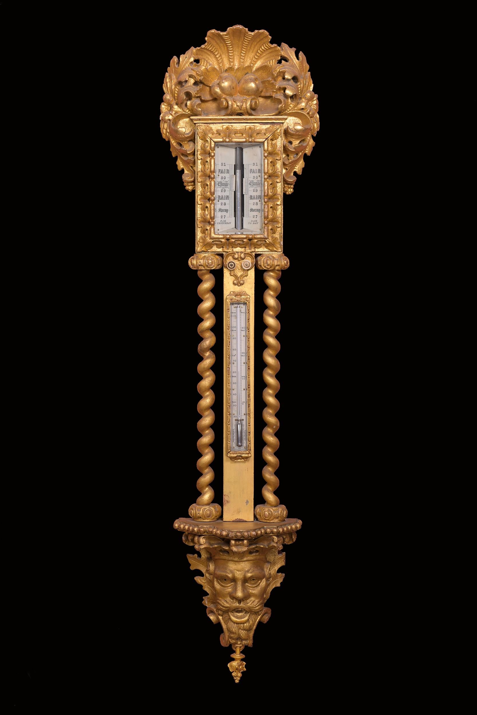 Ein faszinierendes irisches Barometer aus Goldholz im Barockstil. Das große Stabbarometer hat einen großen geschnitzten Rahmen aus Goldholz mit einem Muschelmotiv. Das Zifferblatt hat die originale doppelte Vernier-Skala mit Wettervorhersagen von 27