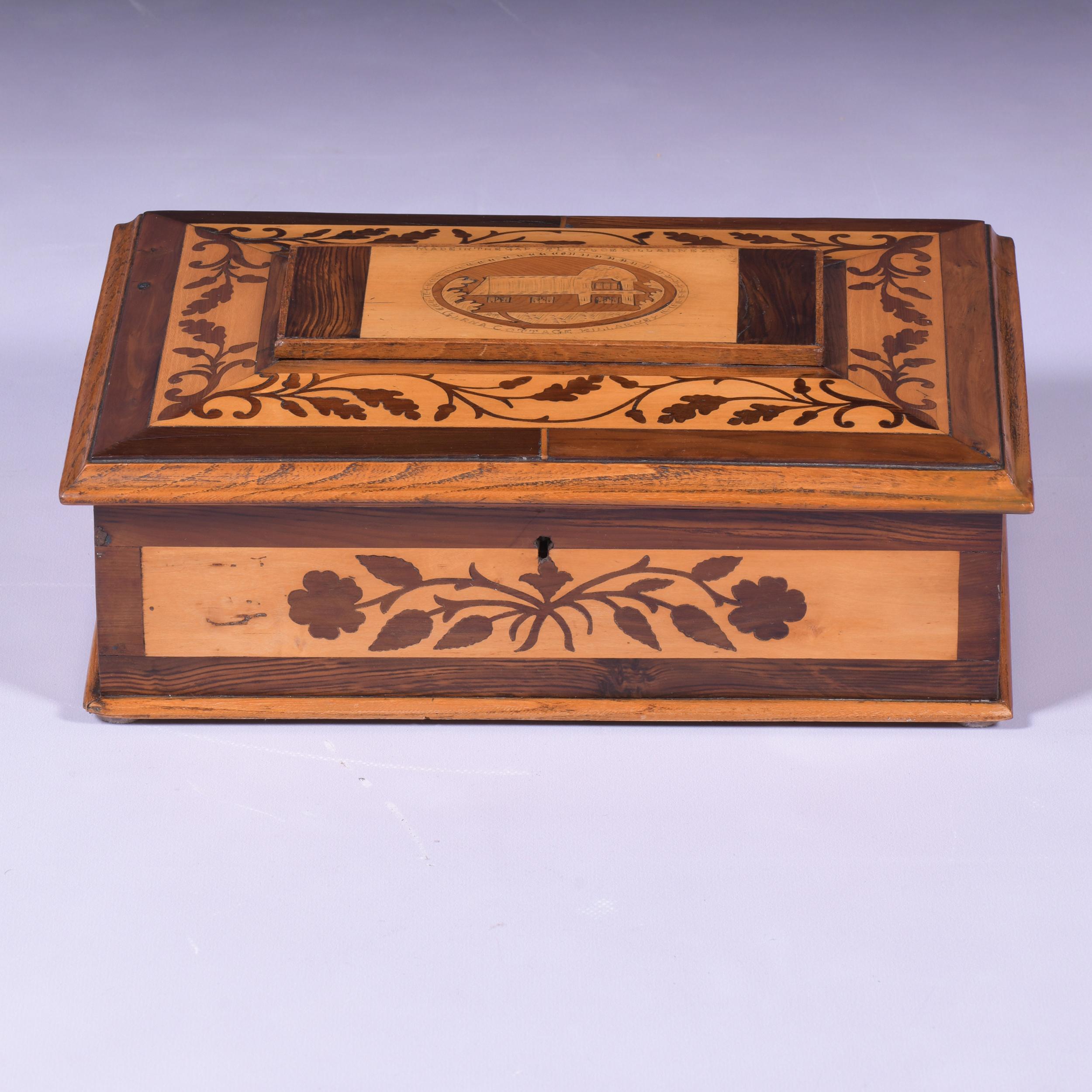 Superbe boîte à ouvrage en bois d'arbousier de la marque Killarney, datant du début du XIXe siècle, dont le couvercle à charnière est typiquement incrusté d'une scène de Glena Cottage (Killarney) et de trèfles sinueux, portant l'inscription 