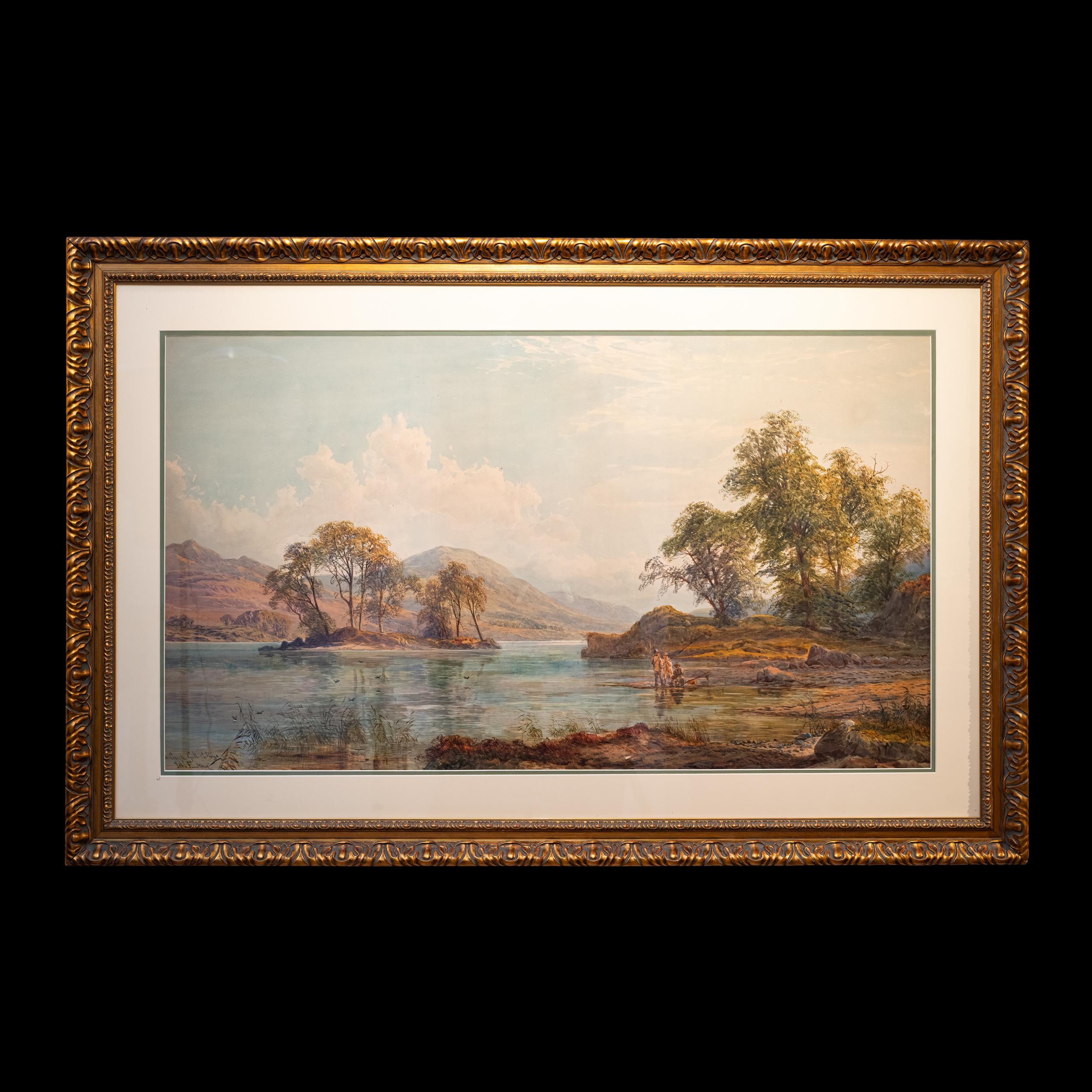 Un superbo e sostanzioso dipinto paesaggistico ad acquerello e gouache del XIX secolo di John Faulkner (1830-1888), irlandese, che mostra una veduta di pescatori sul Lough Gill, a Co. Sligo, Irlanda.

Artista: John Faulkners

Firmato e iscritto in