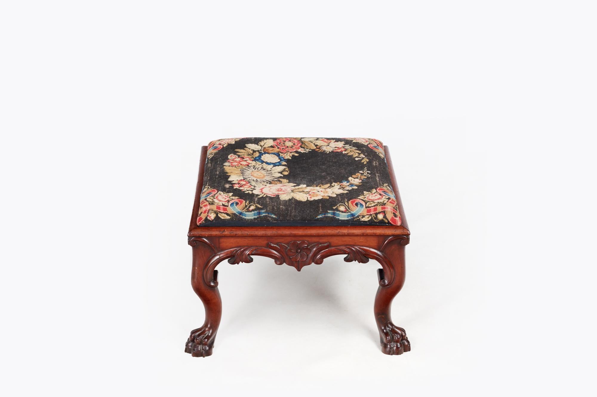 Tapestry 19th Century Irish Mahogany Square Footstool For Sale