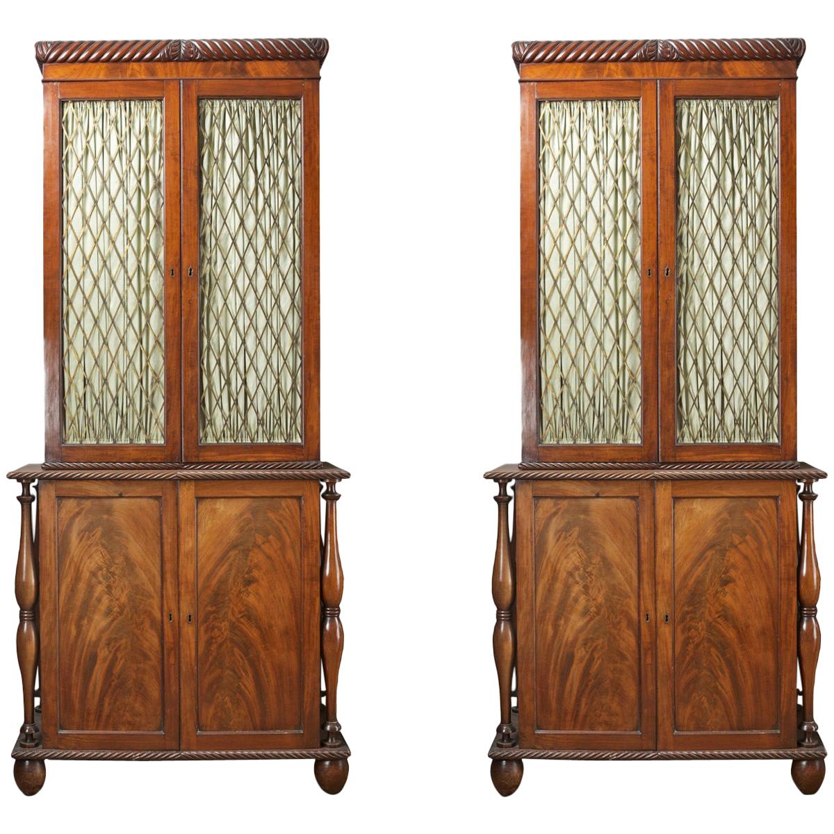 19th Century Irish Pair of Cork Flame Mahogany Bookcases For Sale