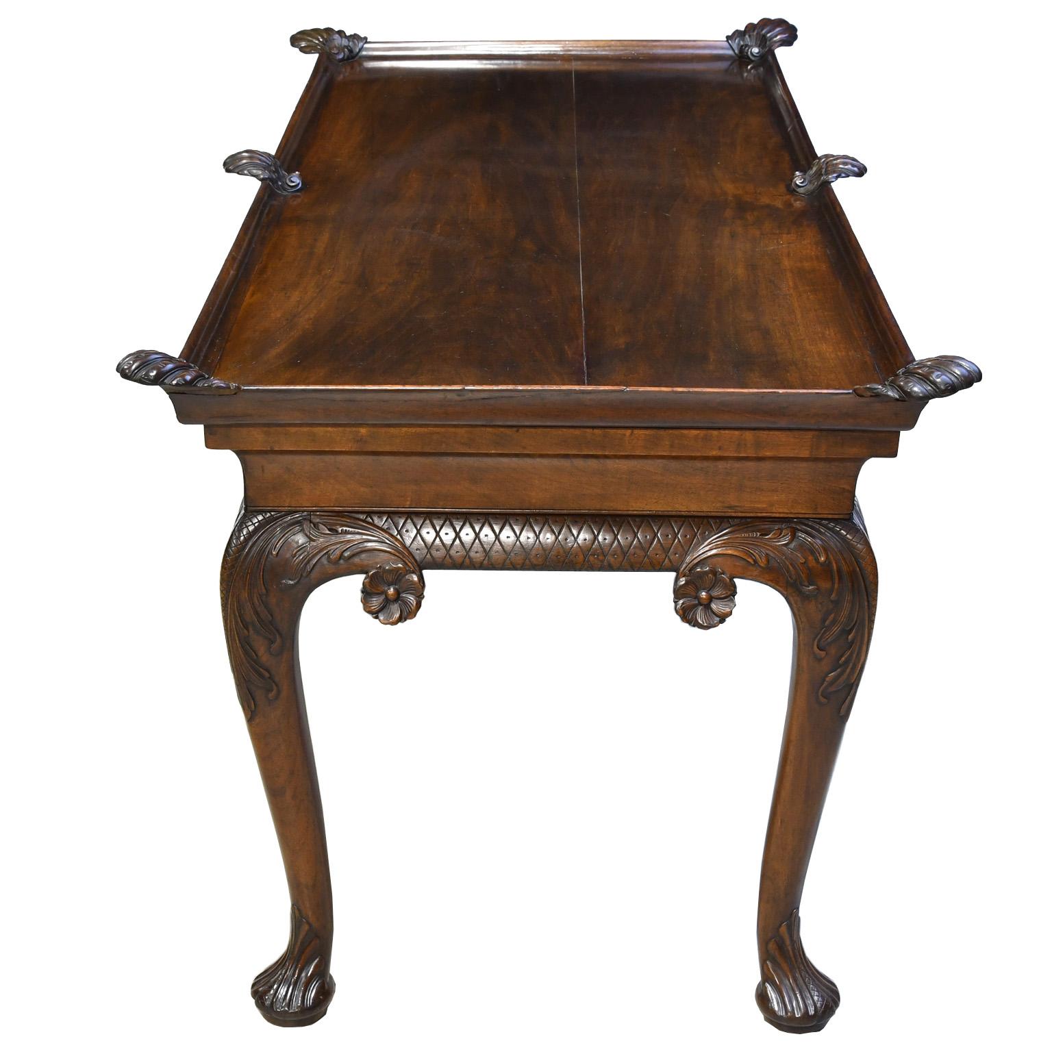 Hand-Carved 19th Century Irish Queen Ann-Style Library Table in Mahogany w/ Carved Scallops For Sale