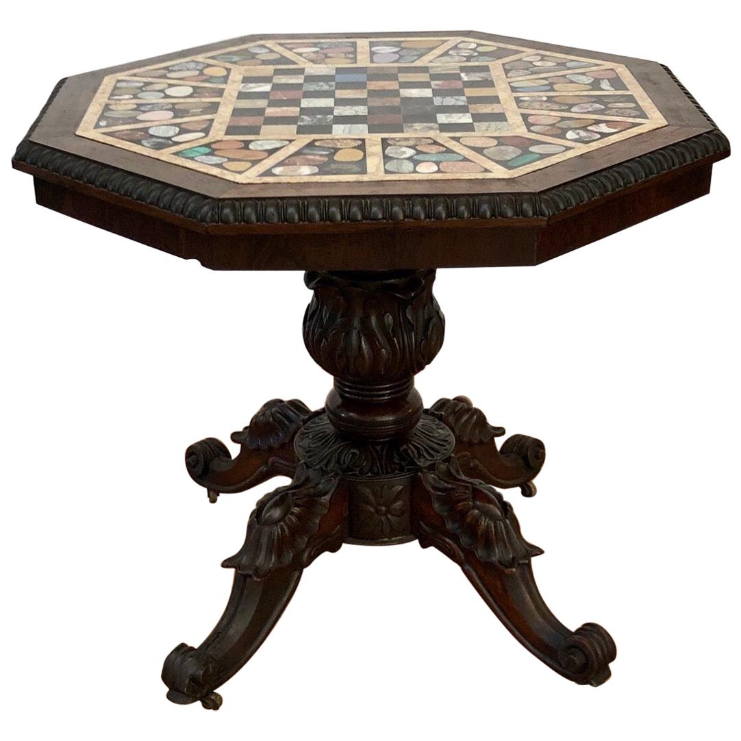 19th Century Irish Specimen Marble-Top Rosewood Center Table or Chess Table