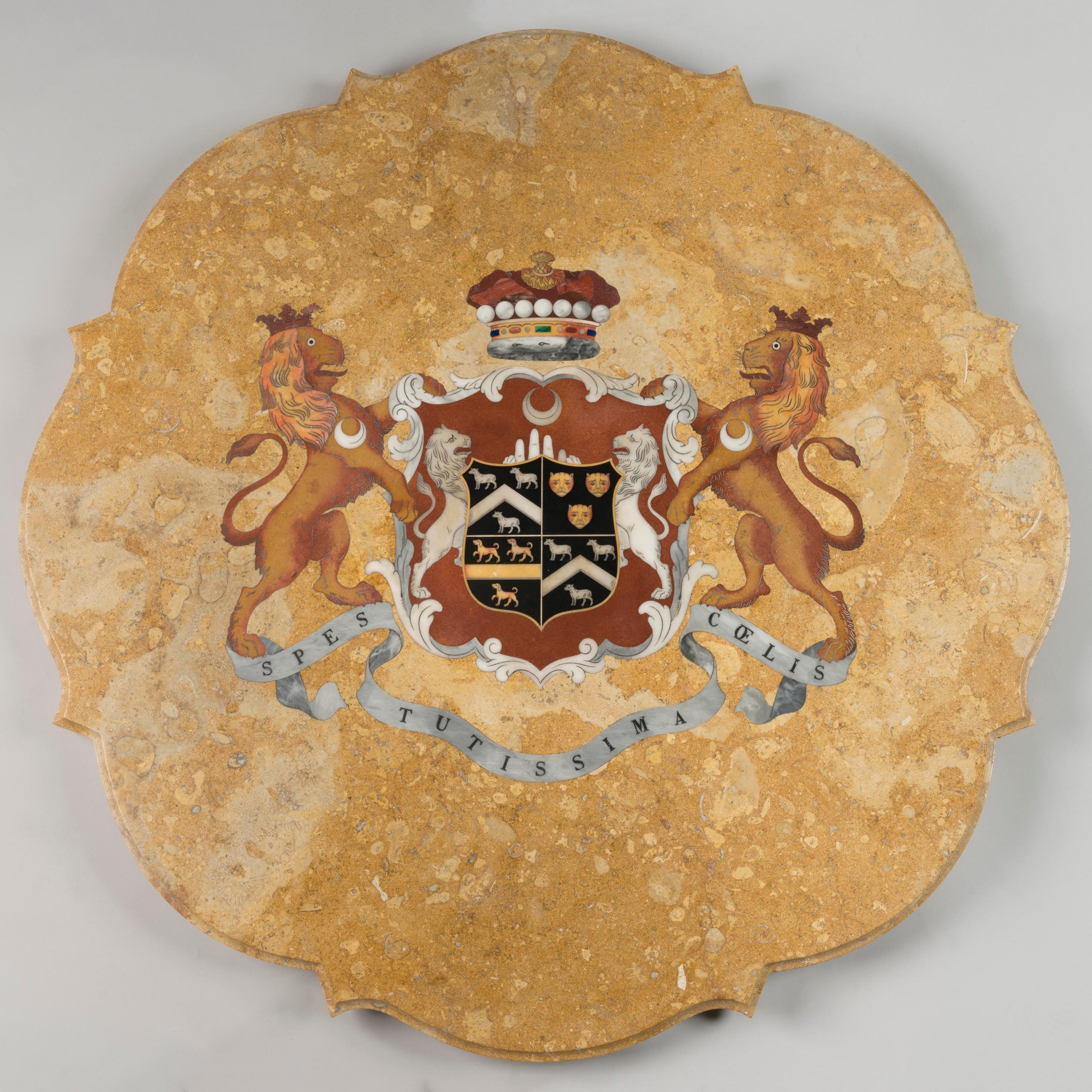 The Specimen Pietra Dura Marble Armorial Top
By Joseph Darmanin of Malta

The shaped circular top finely inlaid with the arms of General Robert Edward King, 1st Viscount Lorton (1773-1854), masterfully executed in pietra dura and specimen marbles