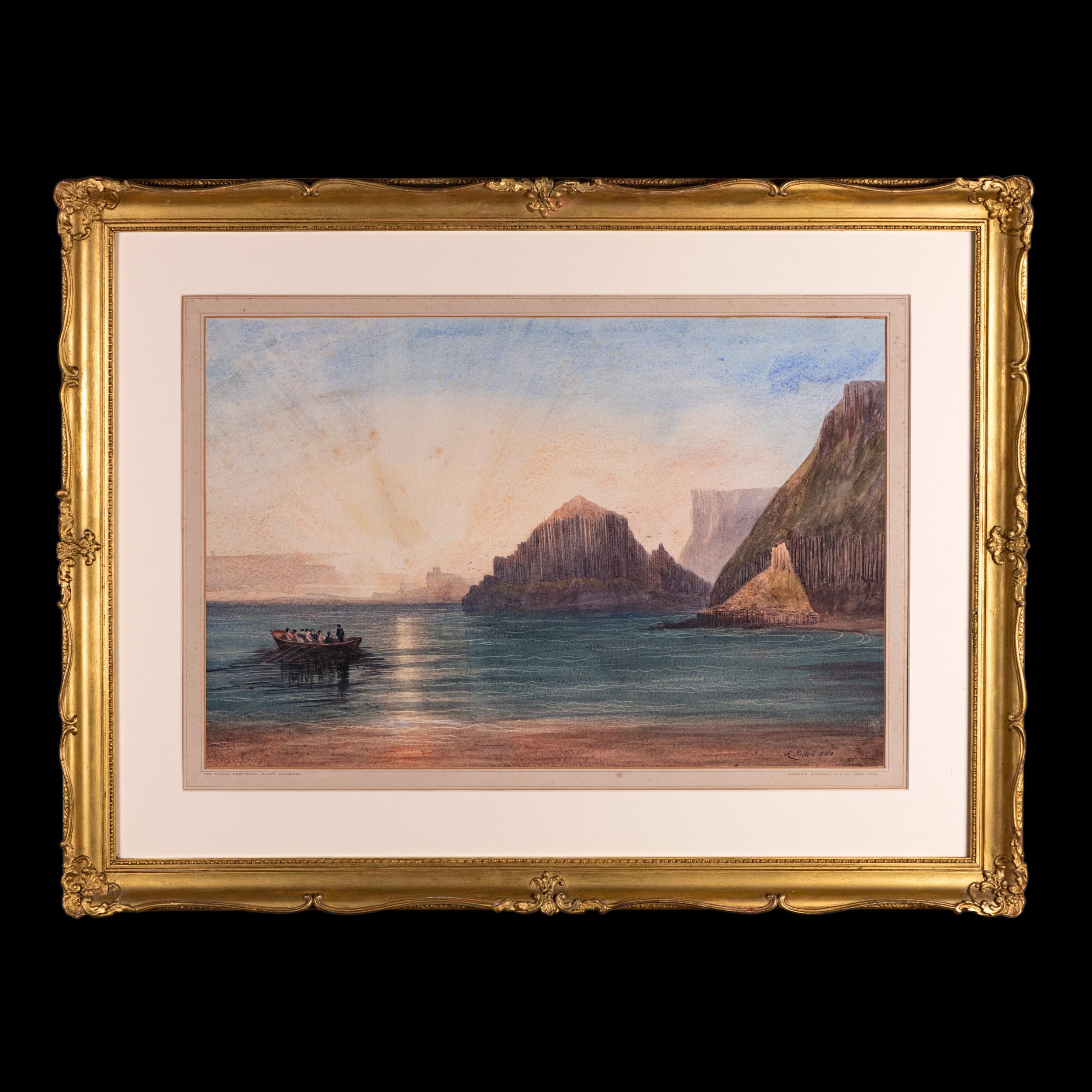 Andrew Nicholl R.H.A. (1804-1886)

The Stack, Portmoon, Chaussée des Géants, Comté d'Antrim, Irlande du Nord.

Médium : Aquarelle sur papier

Signé : En bas à droite. A. Nicholl R.H.A.

Vue finement rendue de la Chaussée des Géants sur la côte nord