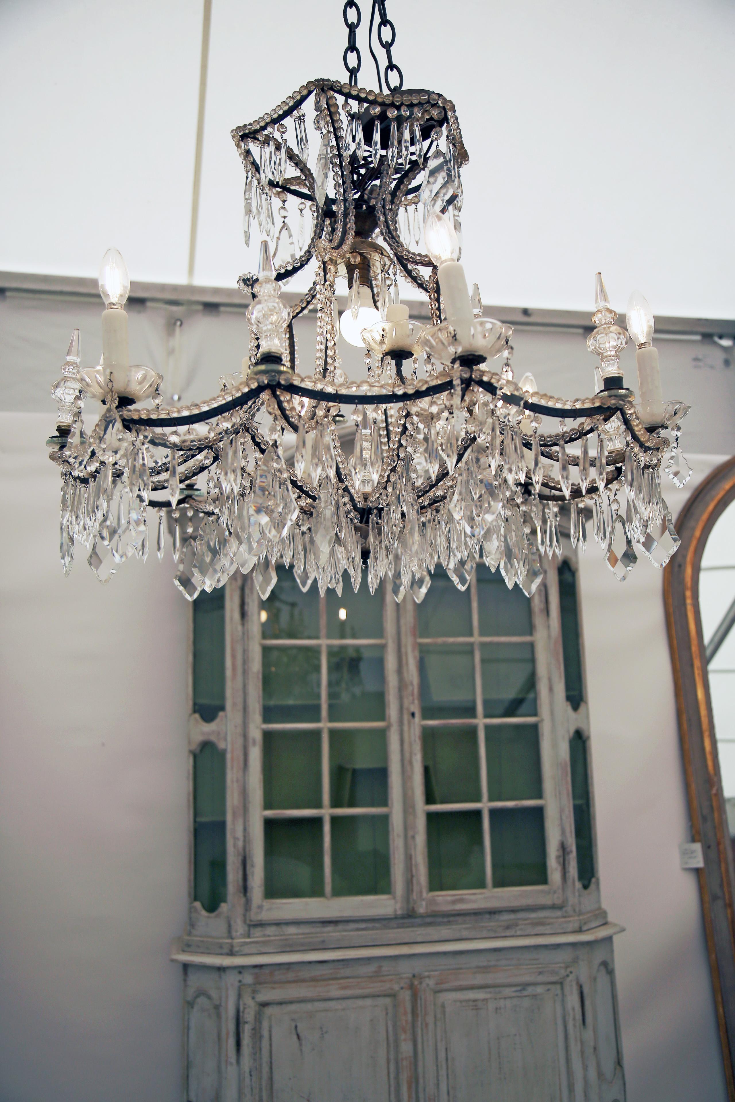 19th Century Iron and Crystal Italian Chandelier US Wired For Sale 1
