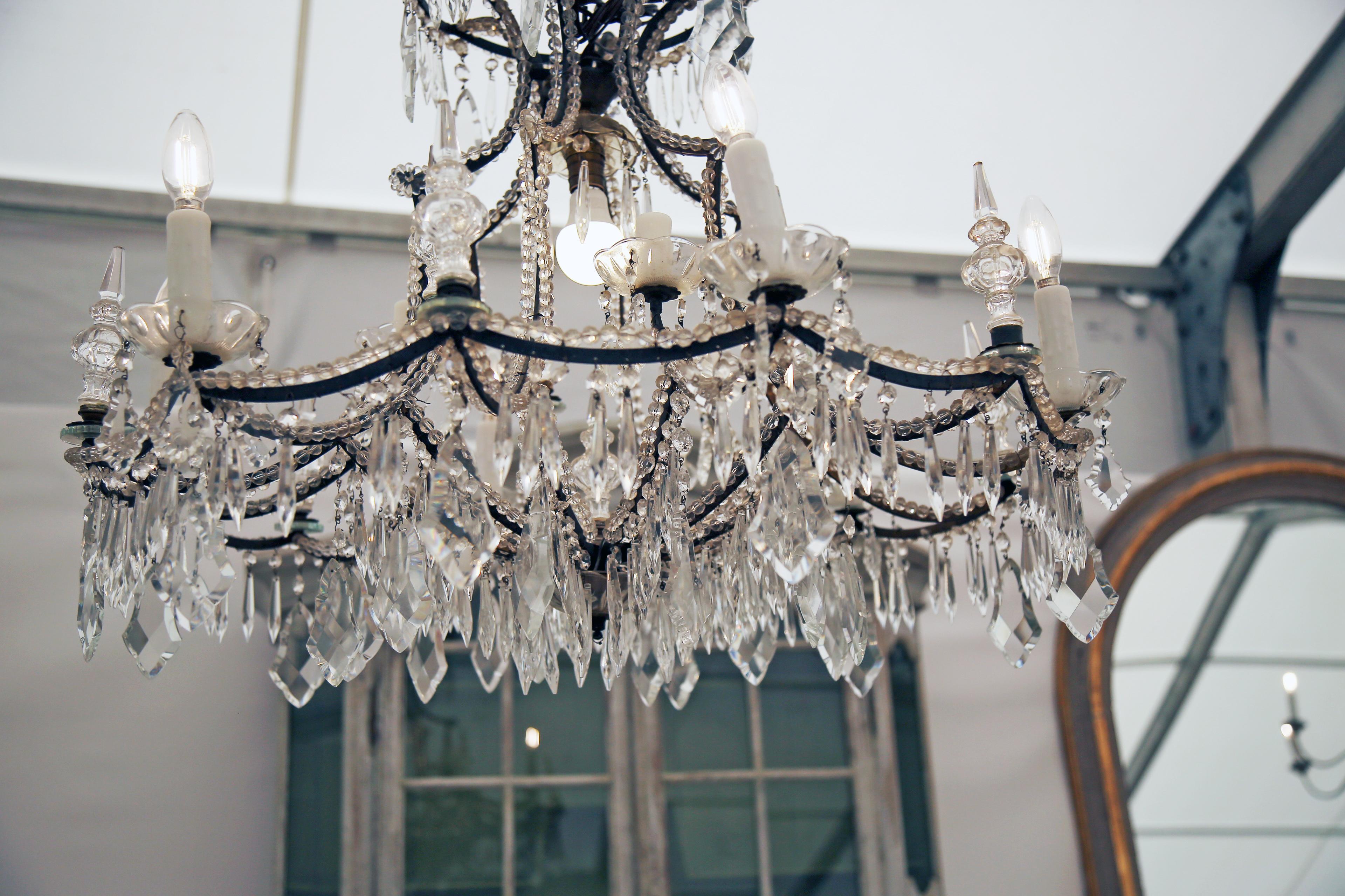 19th Century Iron and Crystal Italian Chandelier US Wired For Sale 4