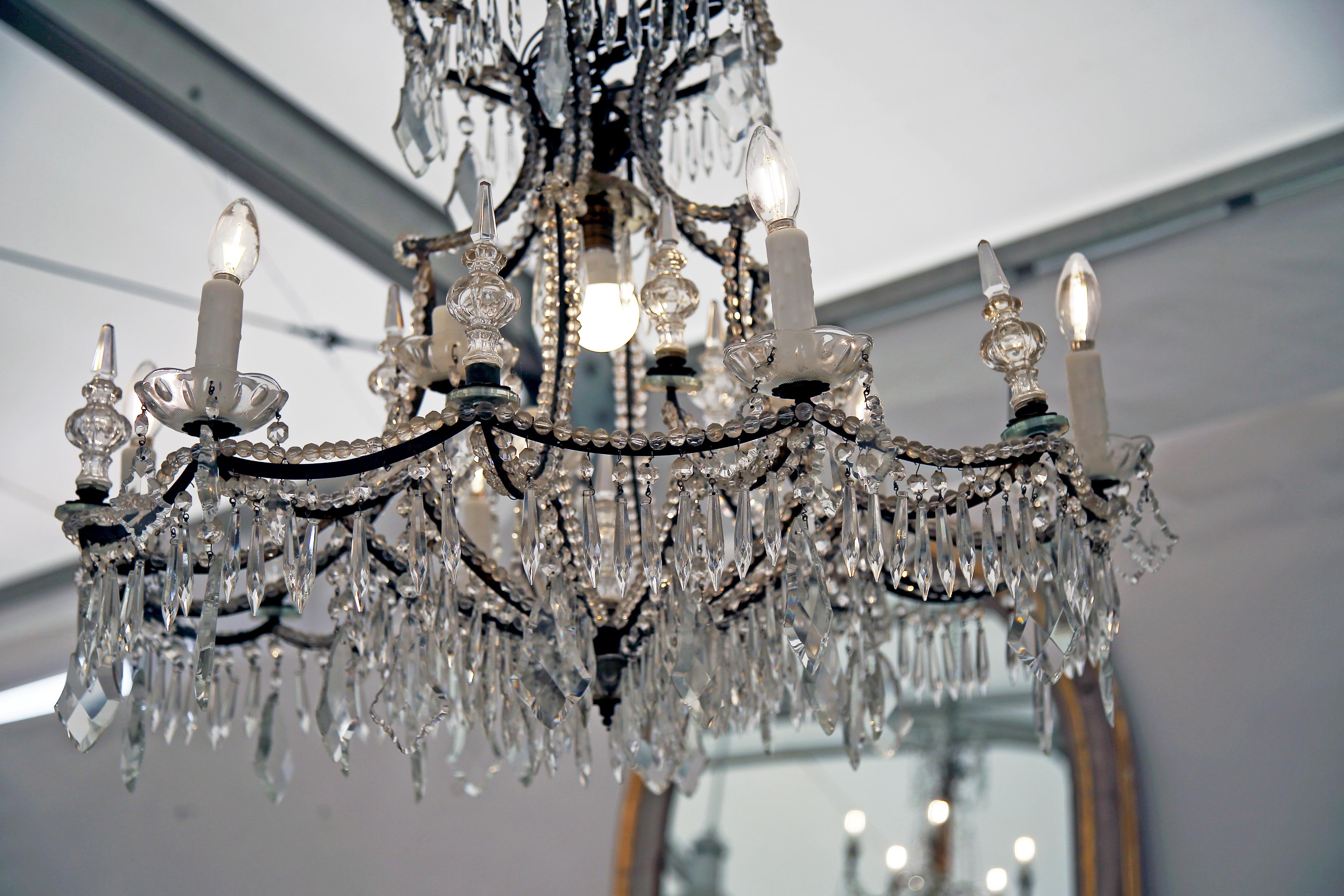 19th Century Iron and Crystal Italian Chandelier US Wired For Sale 6