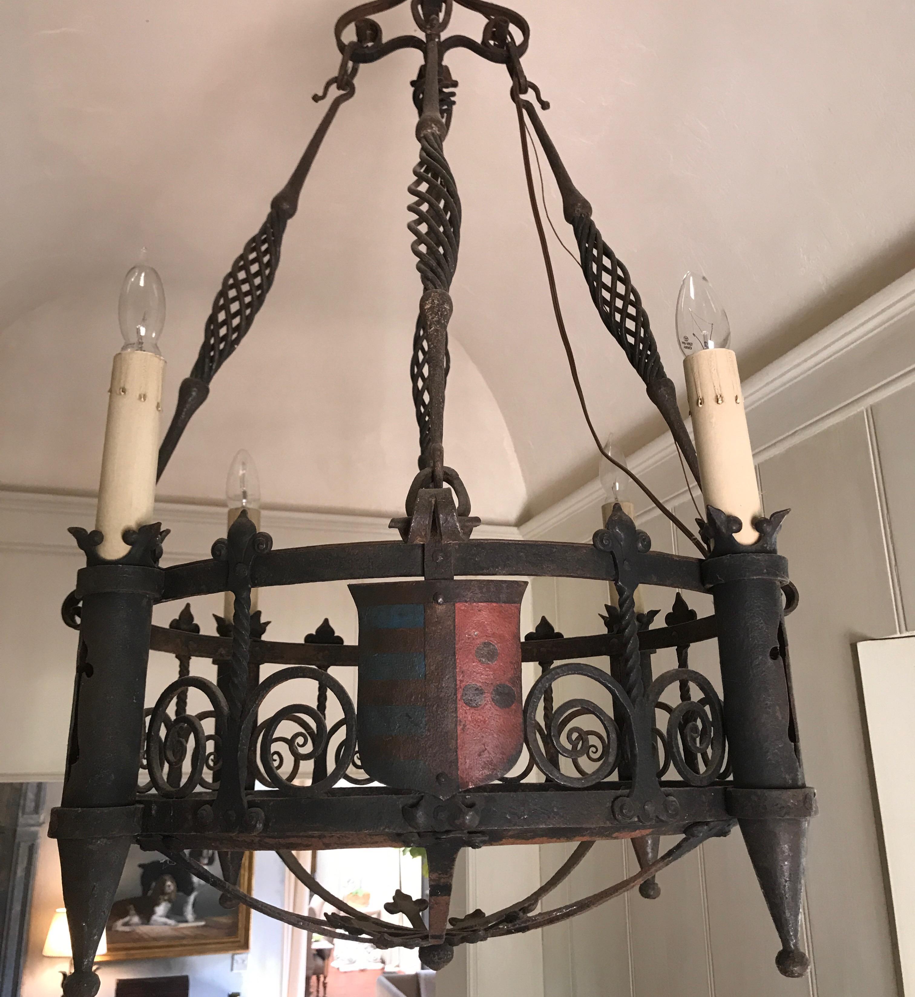 19th Century Iron Five-Light Round Chandelier with Decorative Crest Shields For Sale 6