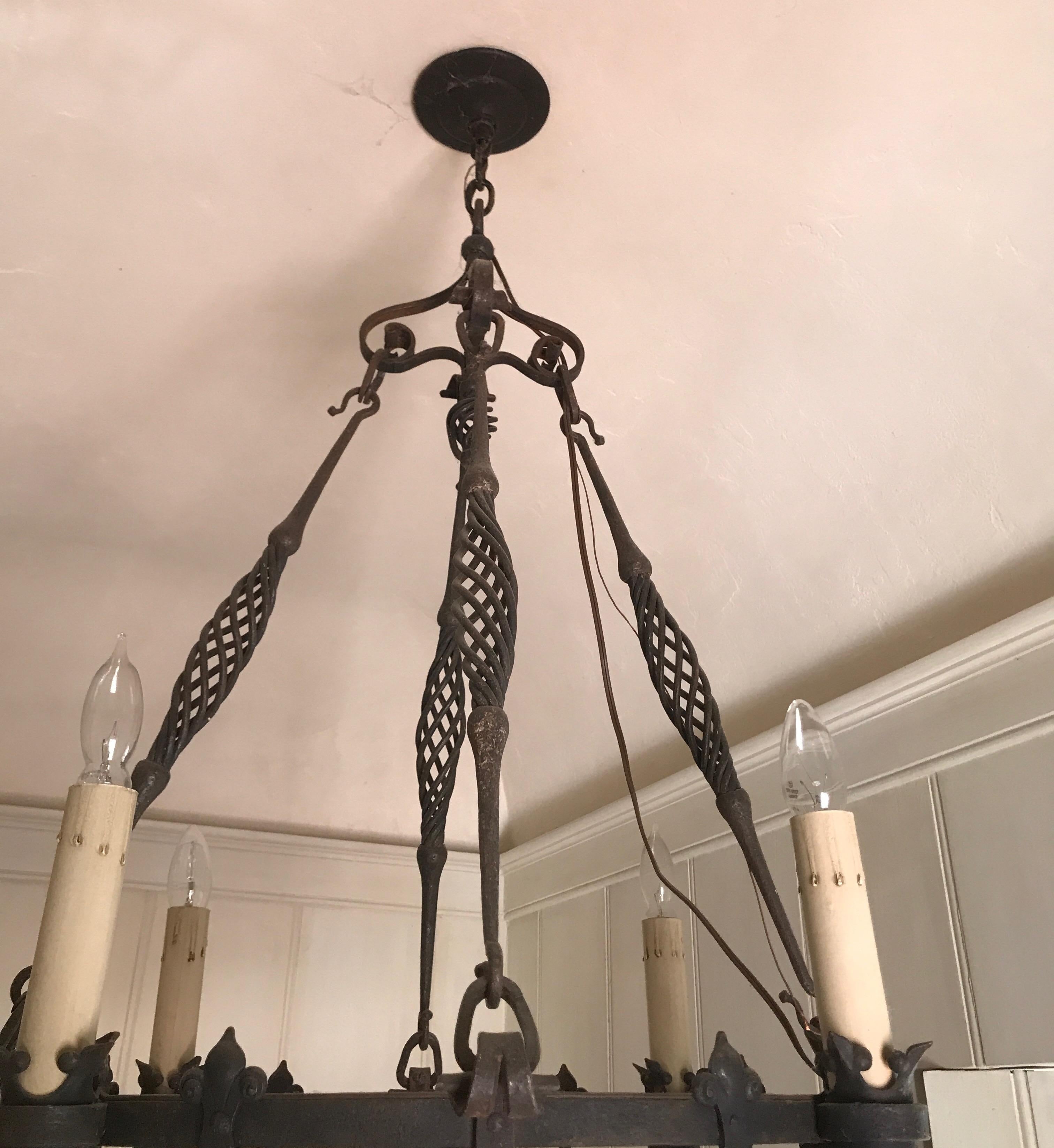 19th Century Iron Five-Light Round Chandelier with Decorative Crest Shields For Sale 7