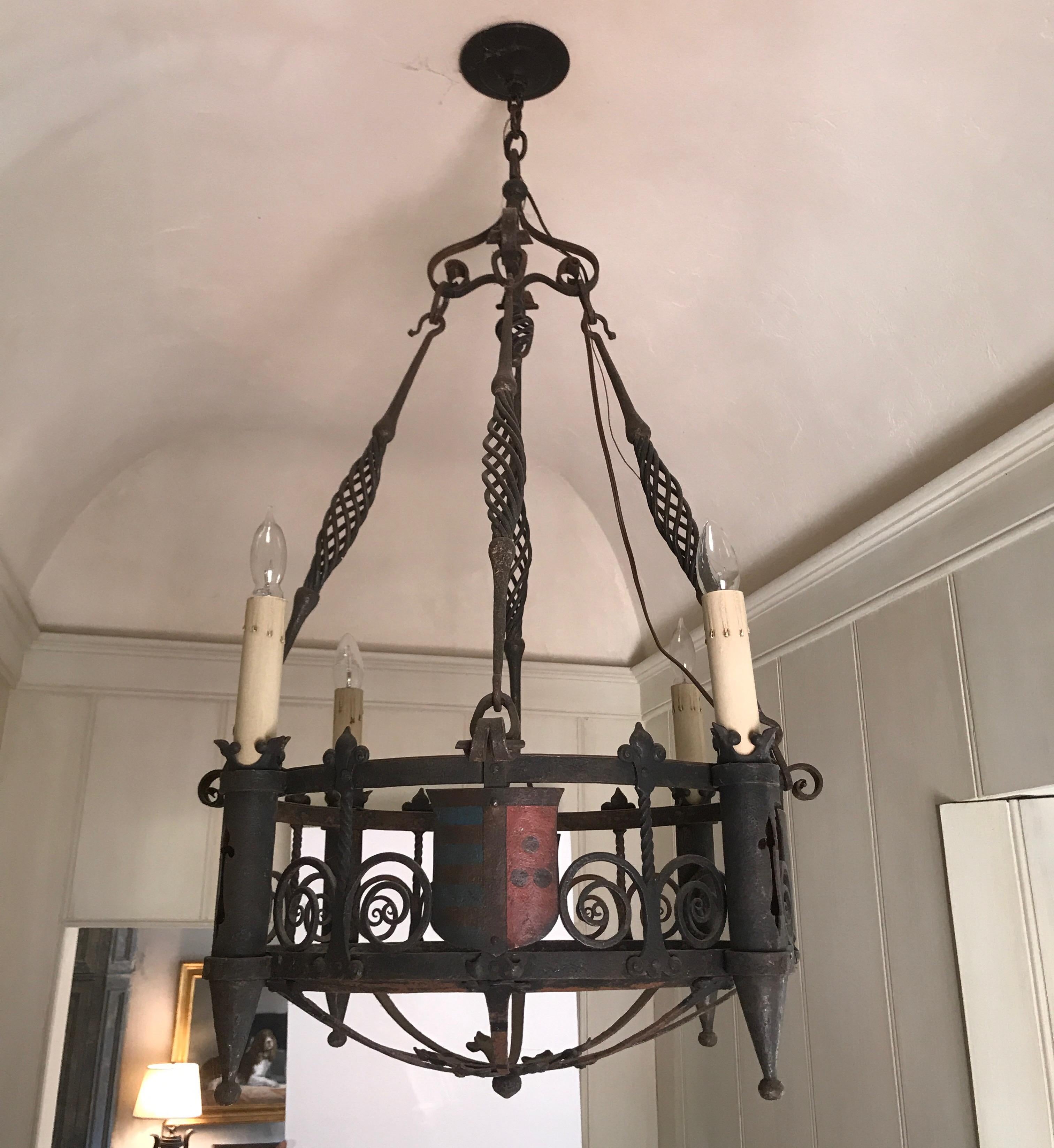 19th Century Iron Five-Light Round Chandelier with Decorative Crest Shields For Sale 9