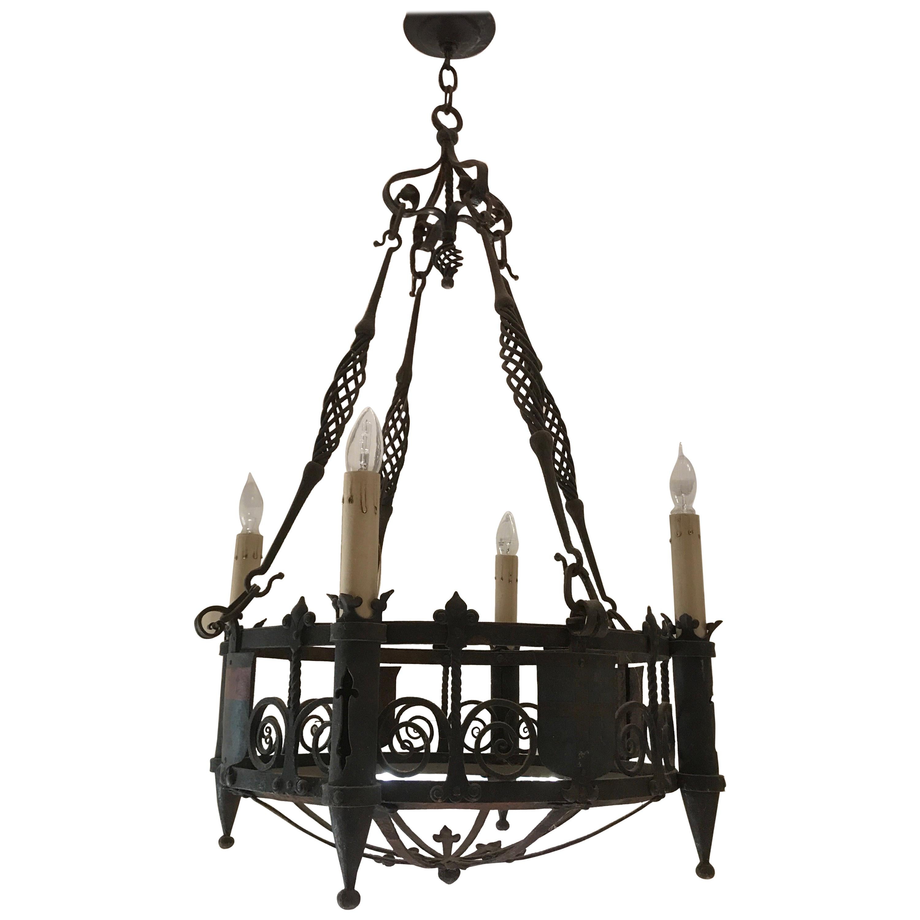 19th Century Iron Five-Light Round Chandelier with Decorative Crest Shields For Sale