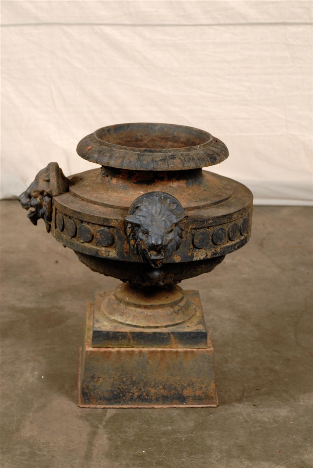 19th Century Iron Garden Urn with Lions Heads on Plinth 3