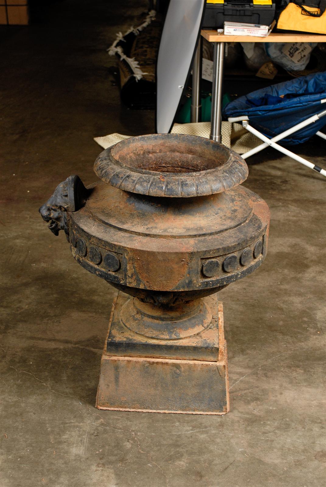 19th Century Iron Garden Urn with Lions Heads on Plinth 4