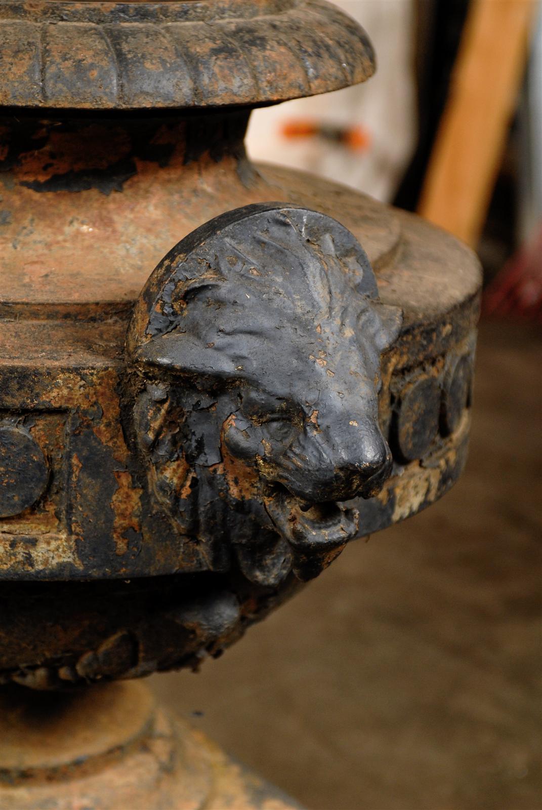 19th Century Iron Garden Urn with Lions Heads on Plinth 6