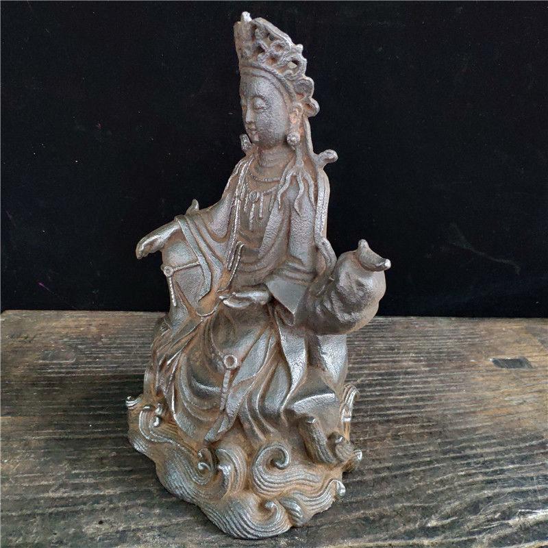 19th Century Iron South Sea Guan Yin Buddha Sitting on Sea Waves Statue For Sale 1