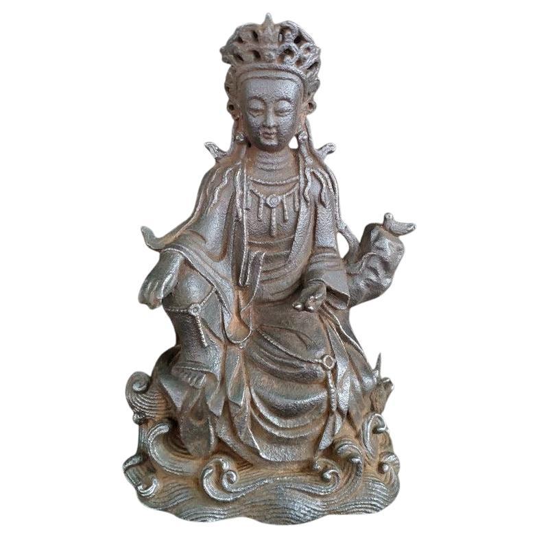 19th Century Iron South Sea Guan Yin Buddha Sitting on Sea Waves Statue For Sale