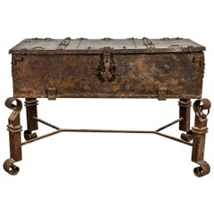 Antique 19th Century Iron Trunk on Stand