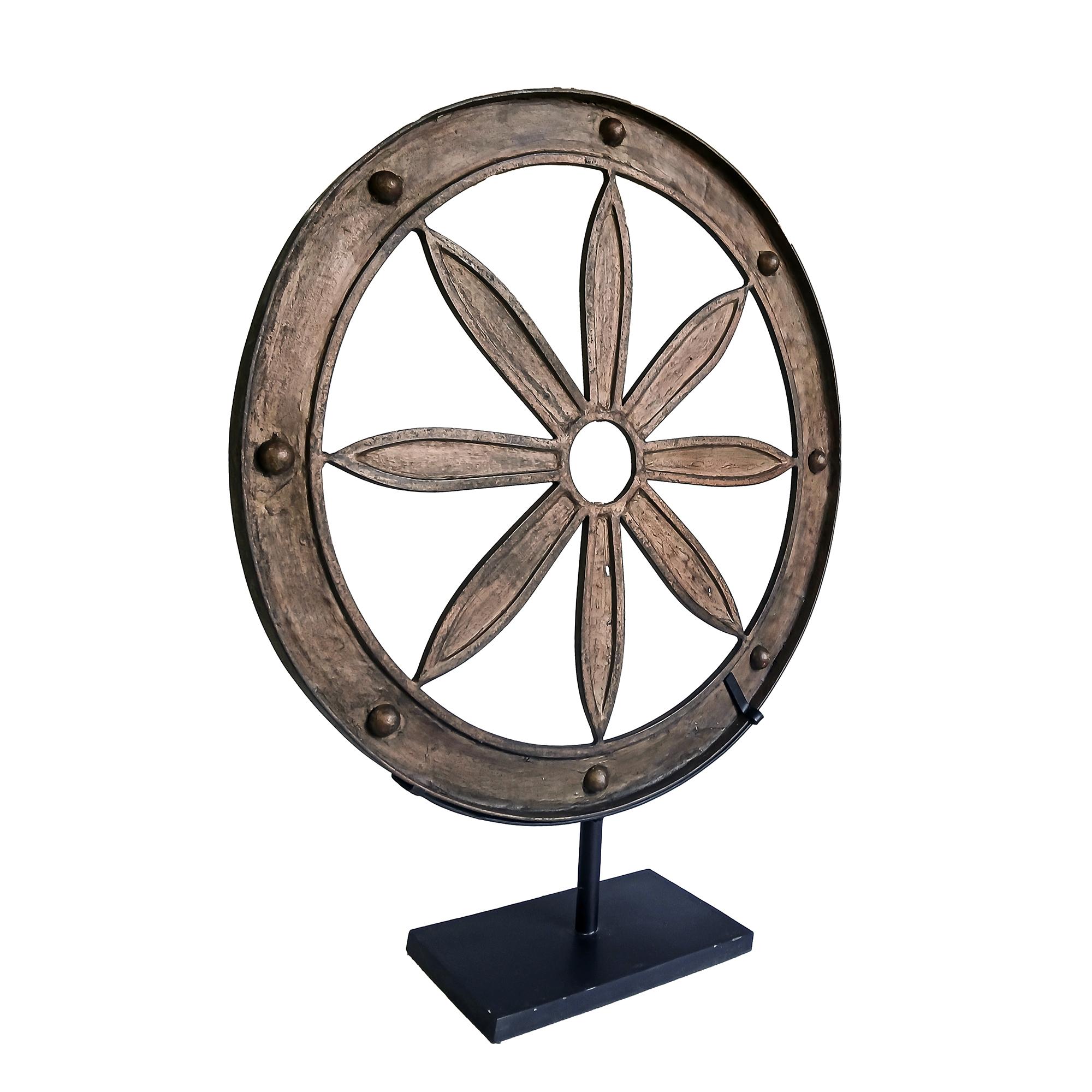 Indonesian 19th Century Iron Wagon Wheel on Stand For Sale
