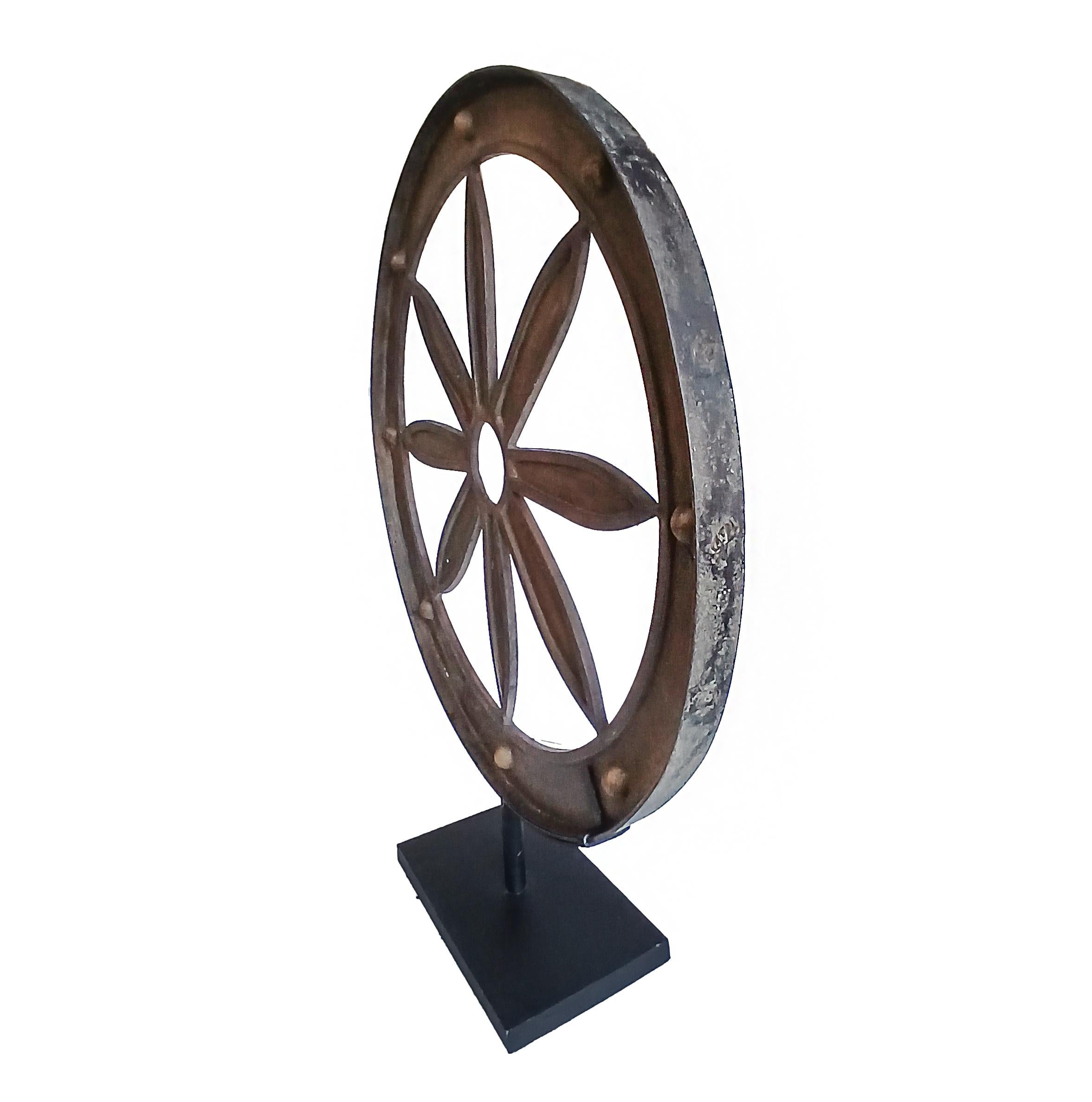 19th Century Iron Wagon Wheel on Stand For Sale 1