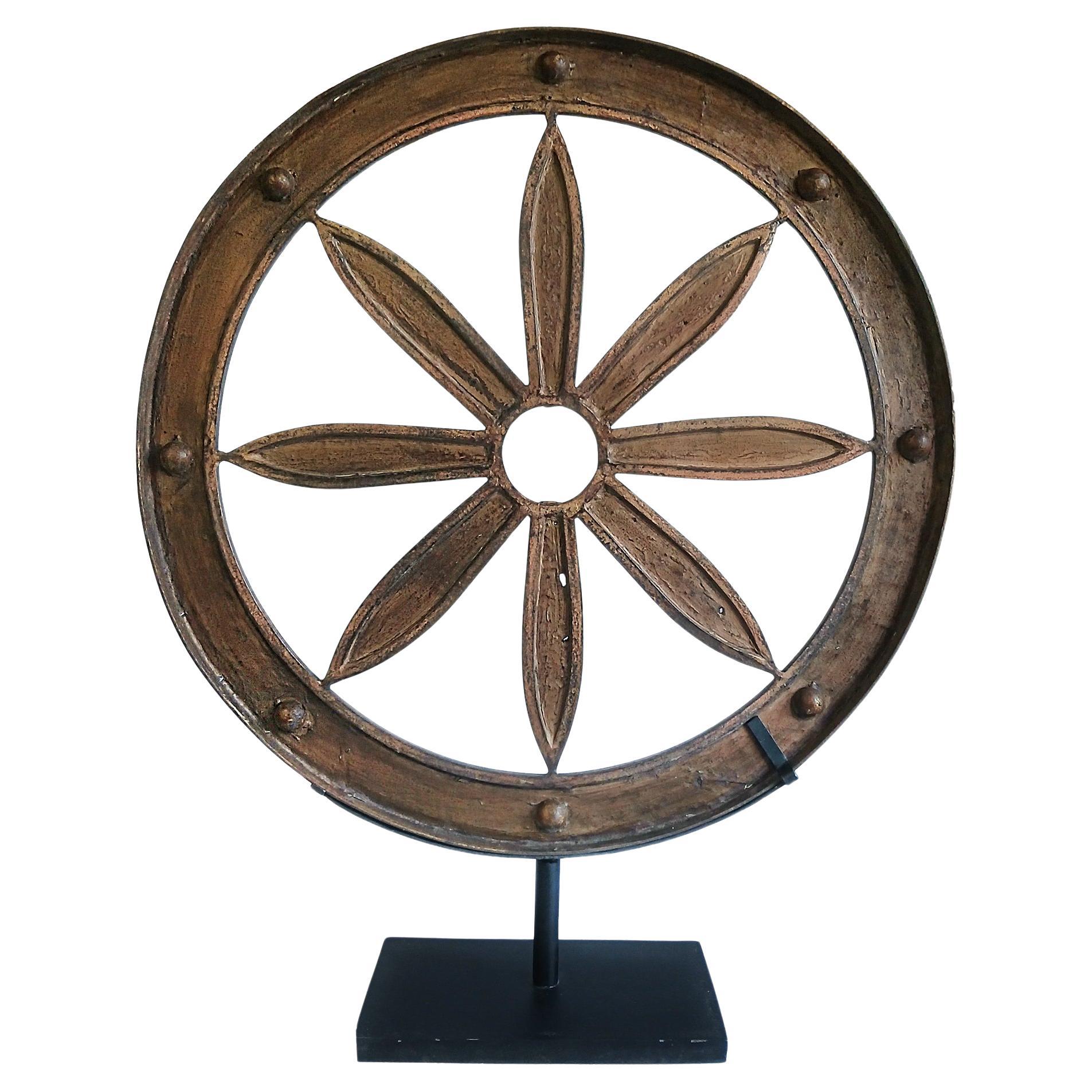 19th Century Iron Wagon Wheel on Stand