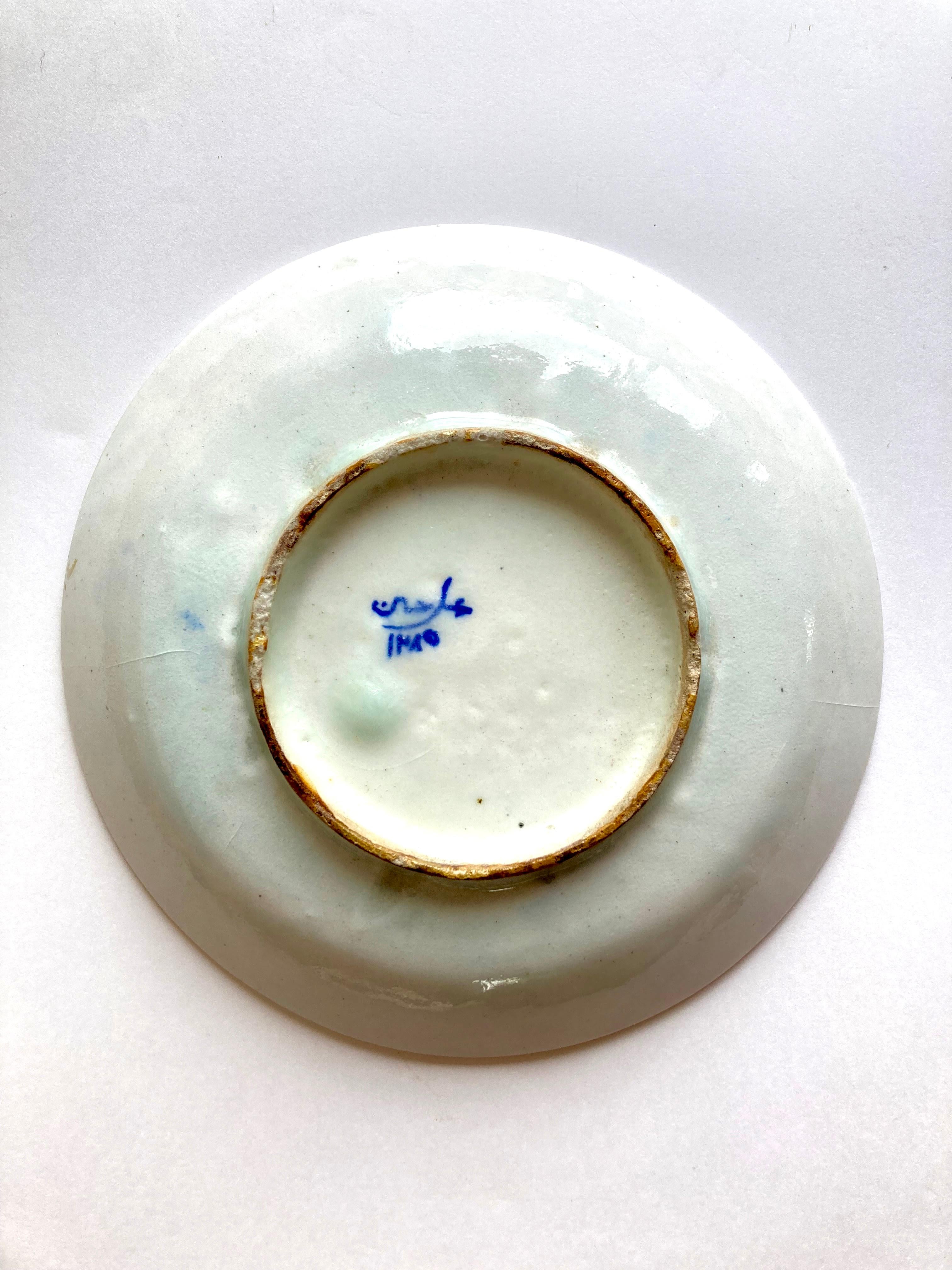 Mid-19th Century 19th Century Islamic Blue and White Fritware Pottery Plate Signed by Maker For Sale