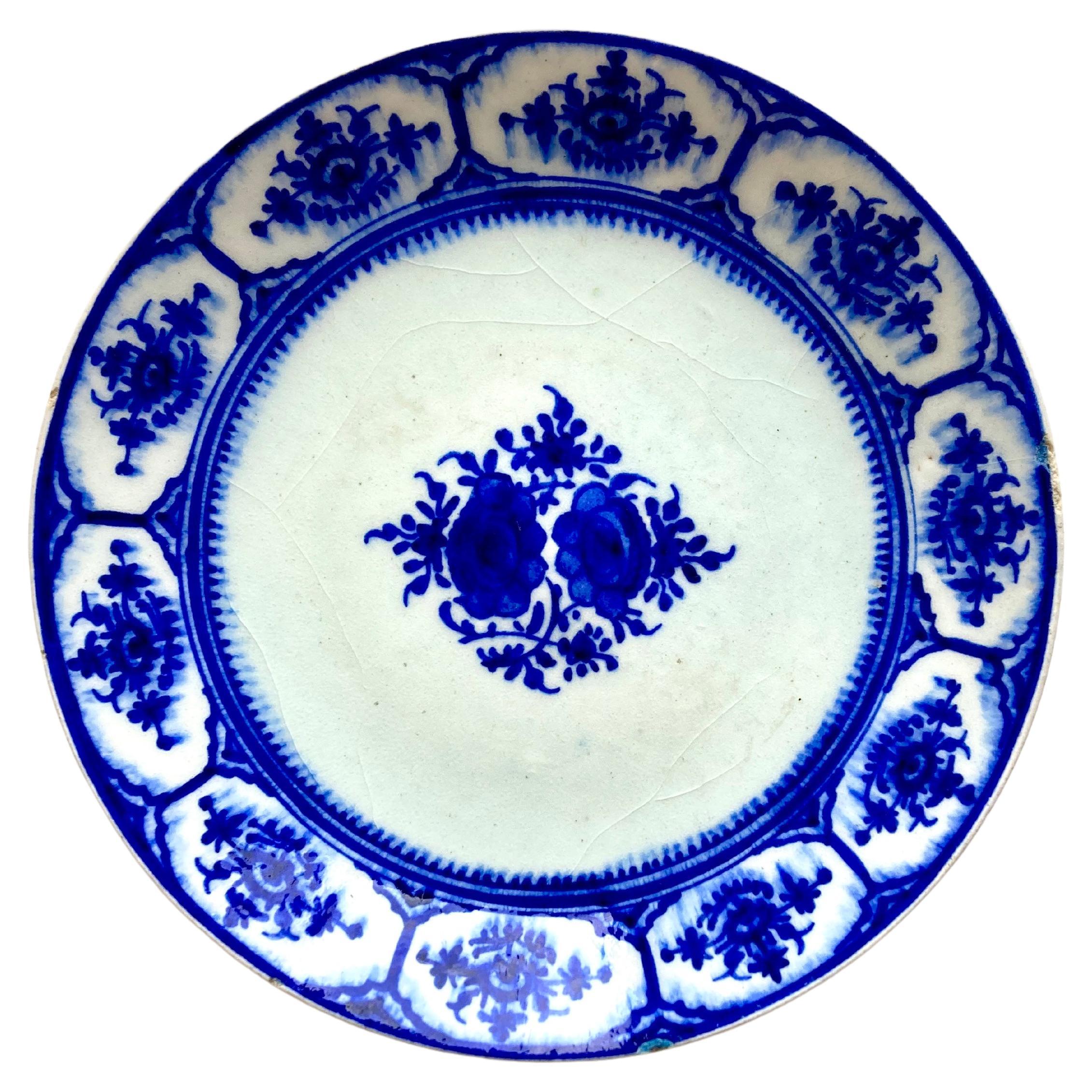 19th Century Islamic Blue and White Fritware Pottery Plate Signed by Maker For Sale