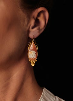 19th-century Italian 21kt gold cameo "harvest" earrings.