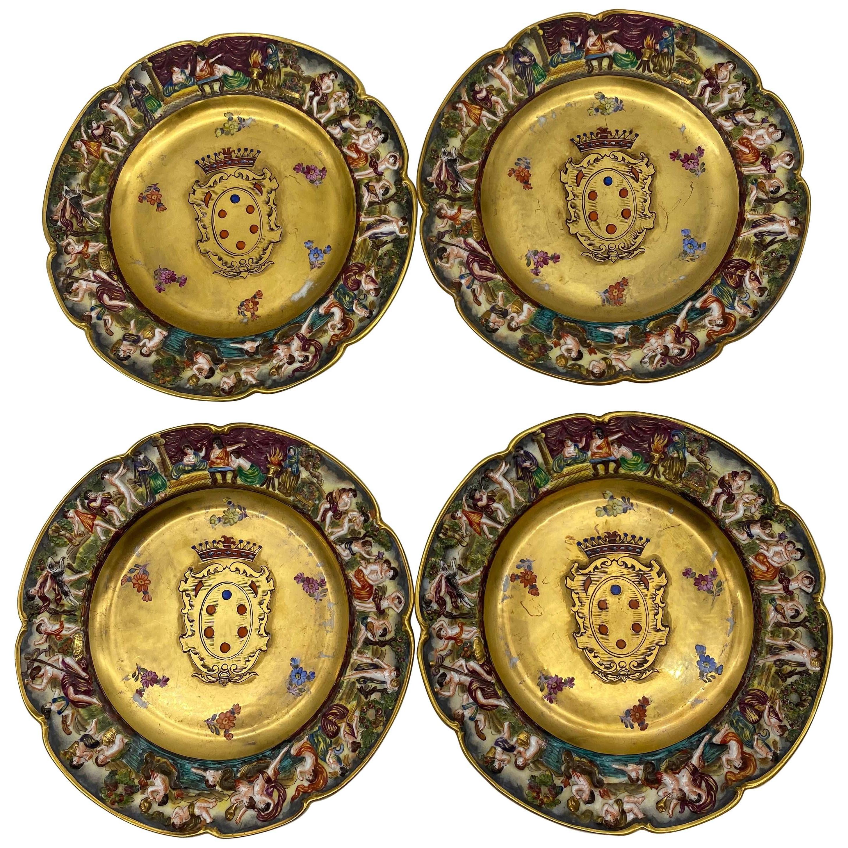 19th Century Italian 4 Pieces Capodimonte Porcelain Medici Armorial Plates