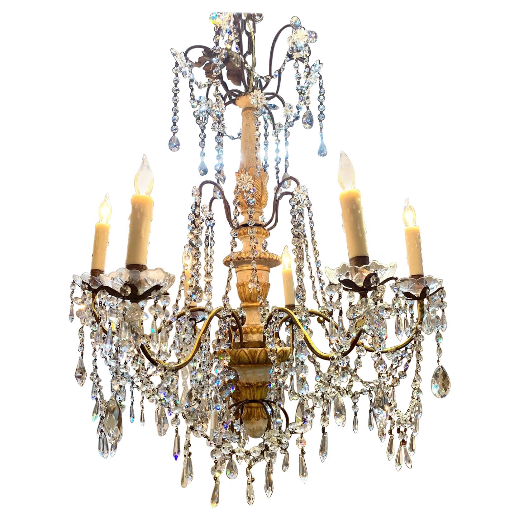 19th Century Italian 6-Light Carved a Parcel-Gilt Wood Chandelier with Crystals