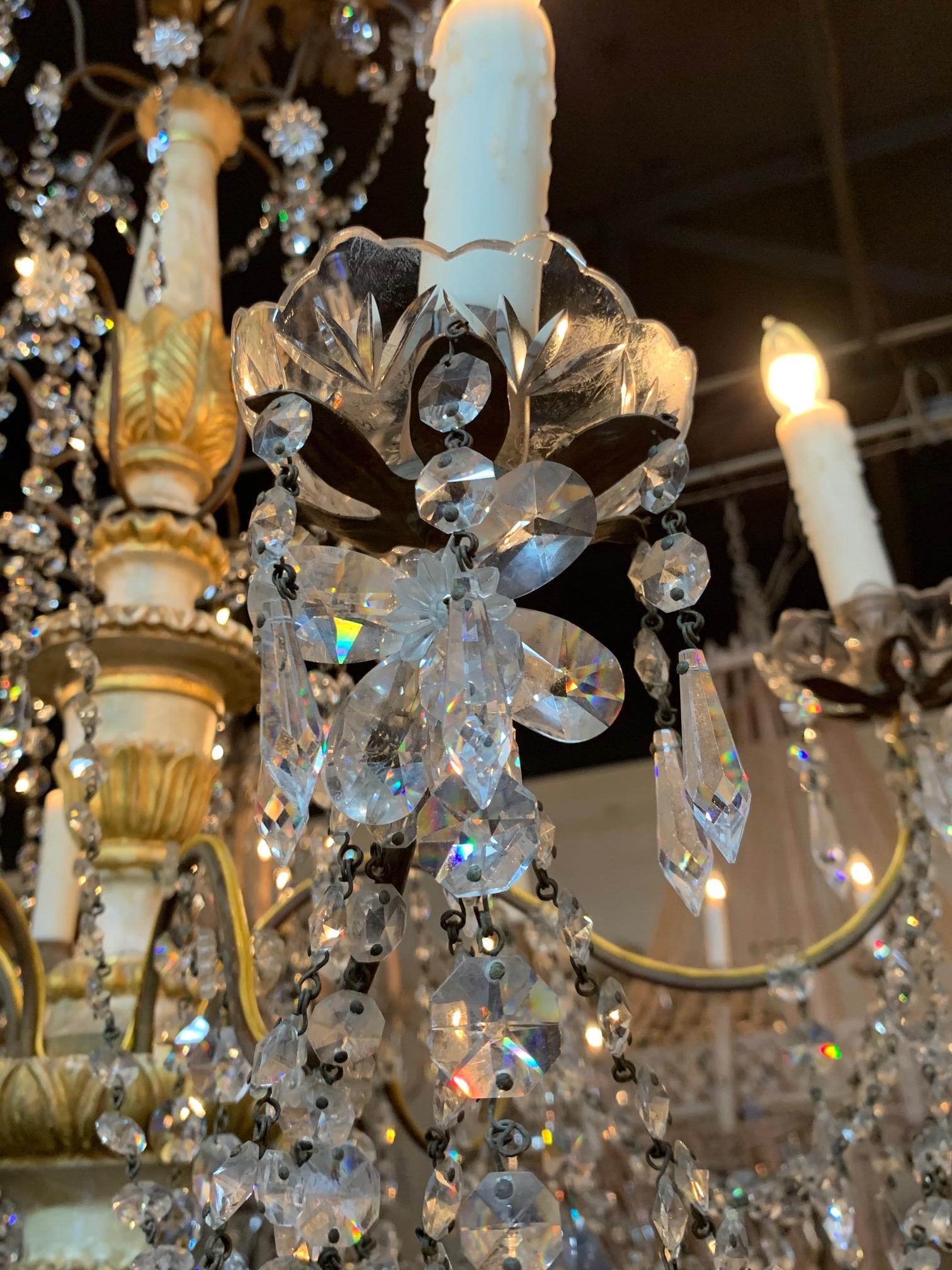 19th Century Italian 6-Light Carved a Parcel-Gilt Wood Chandelier with Crystals In Good Condition In Dallas, TX